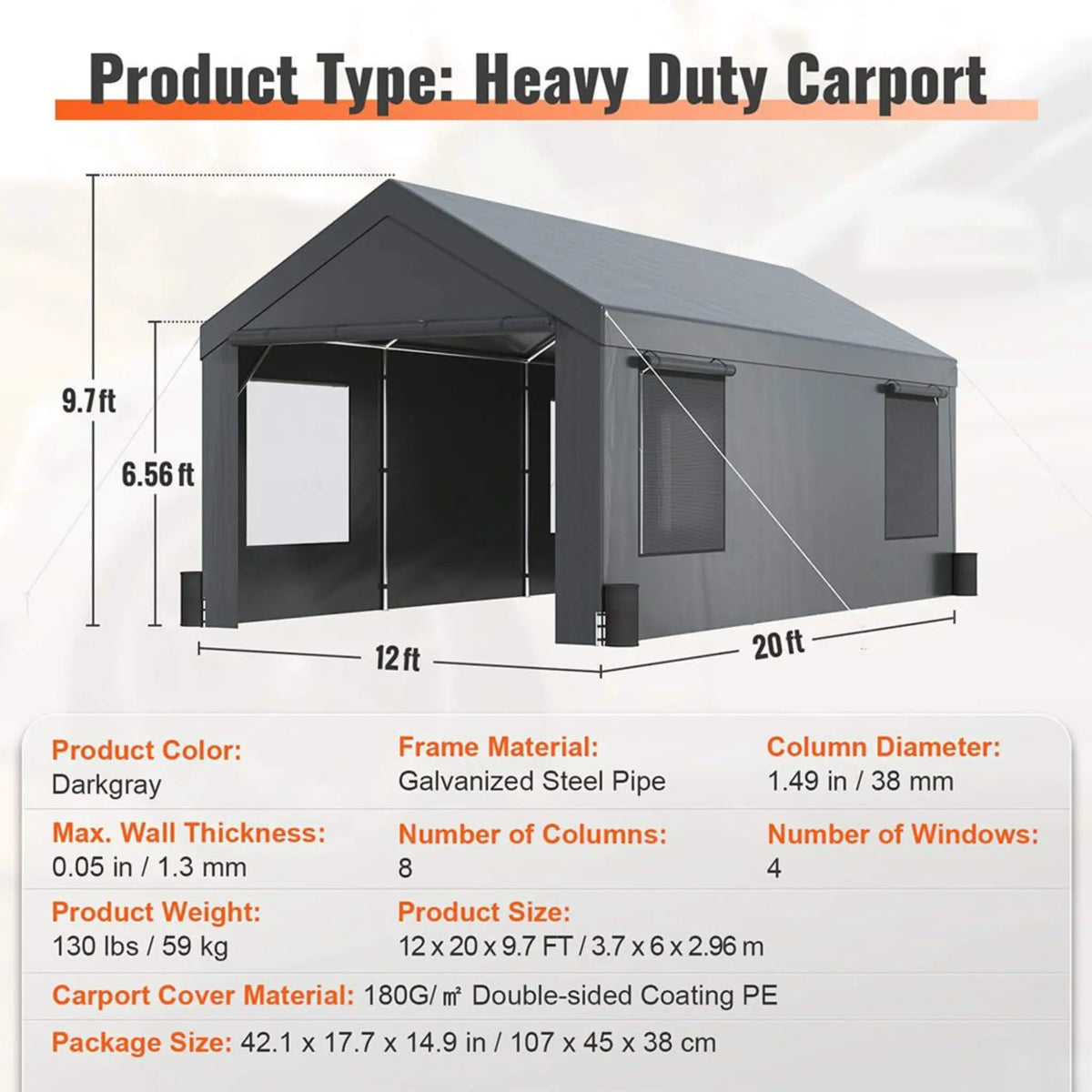 Heavy-Duty Outdoor Premium Garage Tarp Canopy Shelter W/ Removable Sidewalls | Steel | Carport | Outdoor Living
