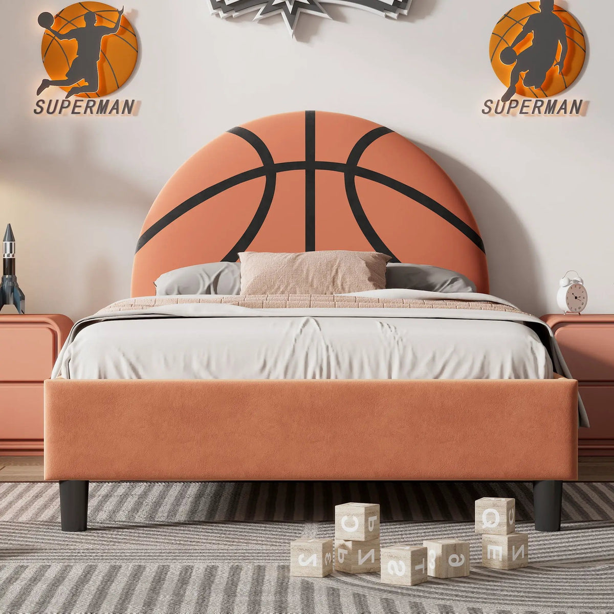 Twin Platform Bed | Basketball Headboard | Orange | Velvet Upholstery