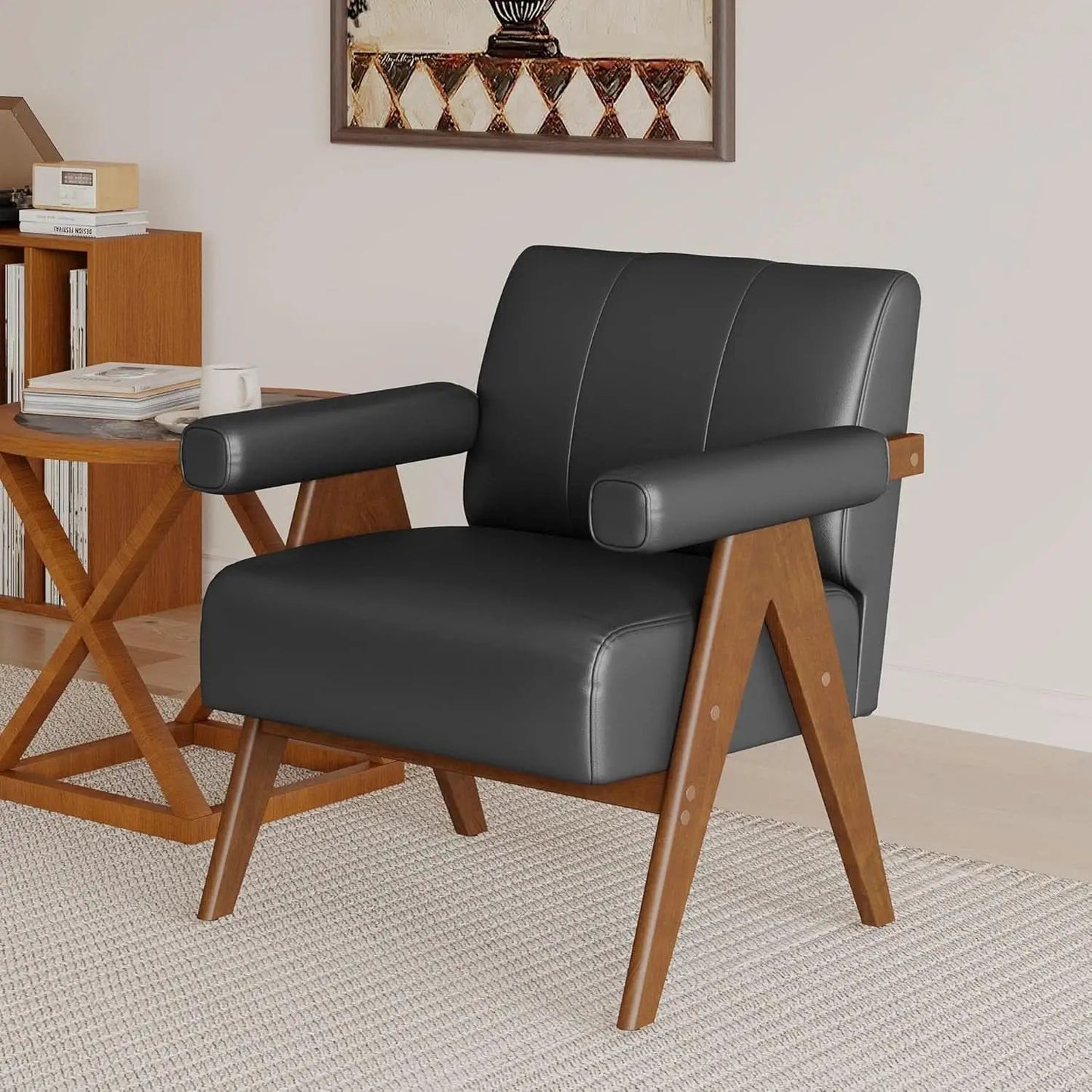 Mid Century Black Leather Upholstered Armchairs Pair from PriceLows™