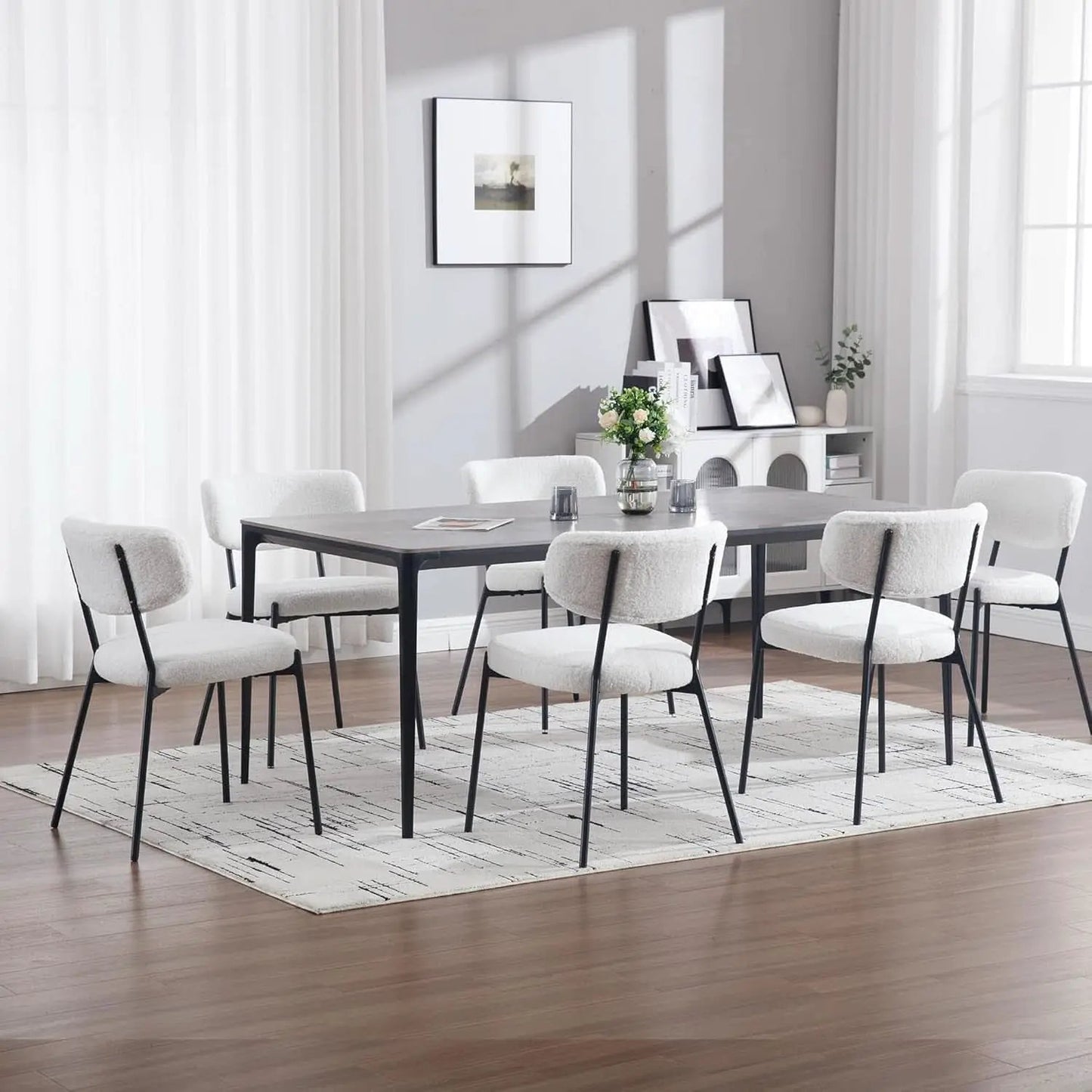 White Boucle Upholstered Dining Chairs Curved Back from PriceLows™