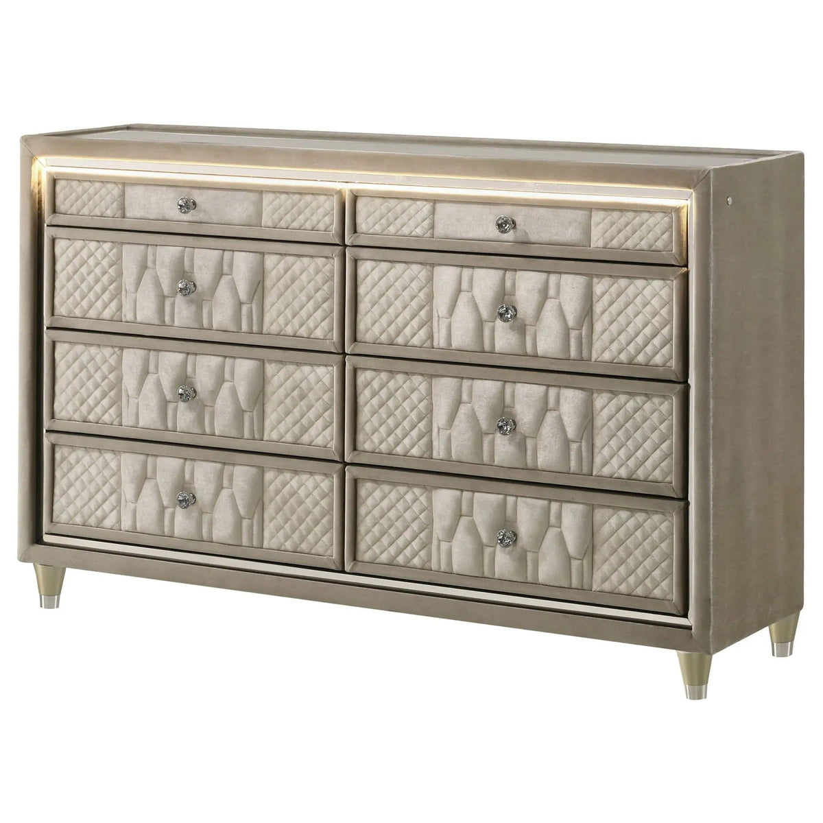 Lorient 8-drawer LED Bedroom Dresser Cabinet Ivory and Camel | 60.5 x 16 x 38.25 in | Rubberwood & Velvet | Bedroom