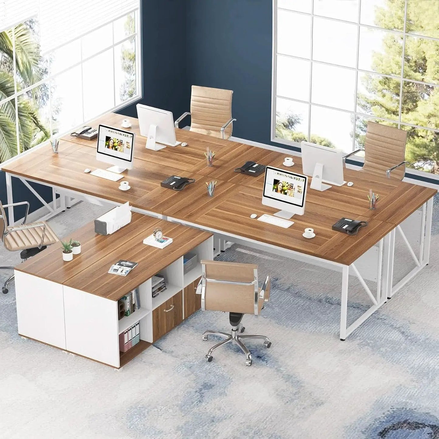 63 Inch L Desk With File Cabinet Walnut White Finish from PriceLows™