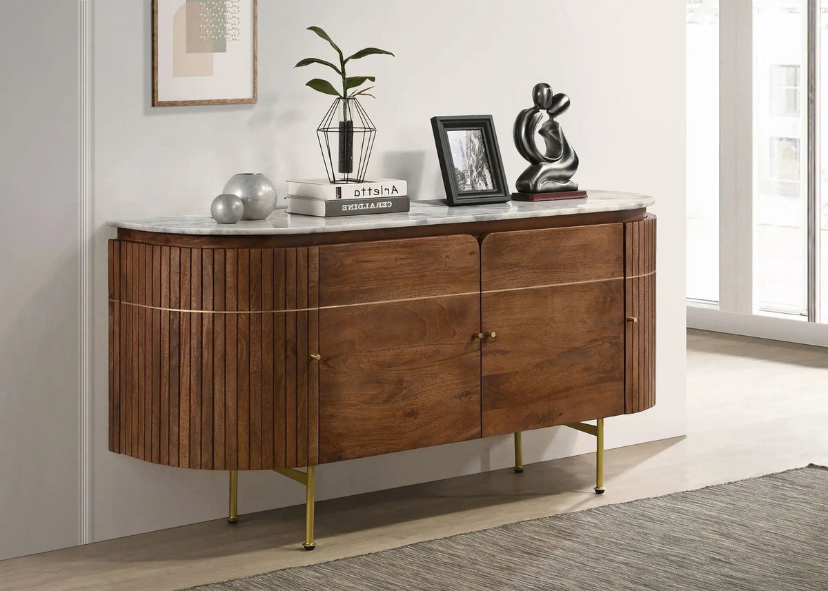Ortega 4-door Marble Top Sideboard Buffet Cabinet | 63 x 18 x 30.5 in | Mango Wood & Marble | Natural