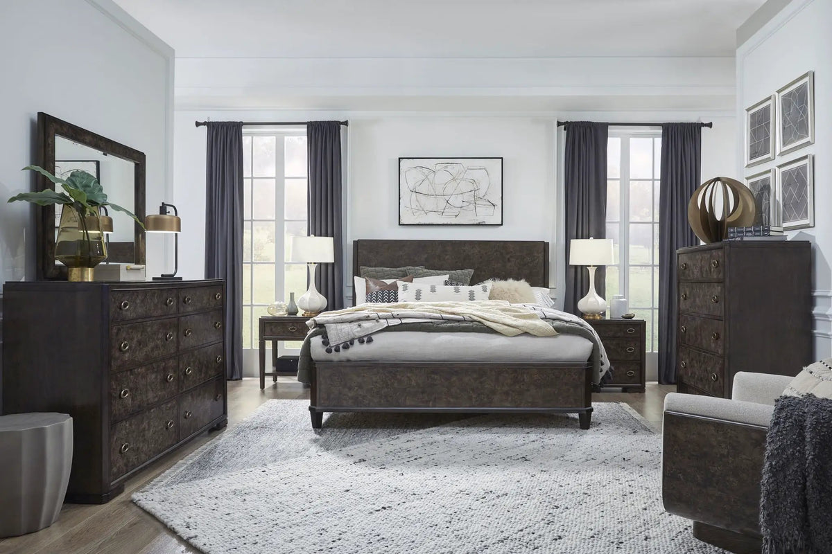 Rowan Panel Bed | Mappa Burl Veneers | Mixed Materials | Handsome Bedroom Collection