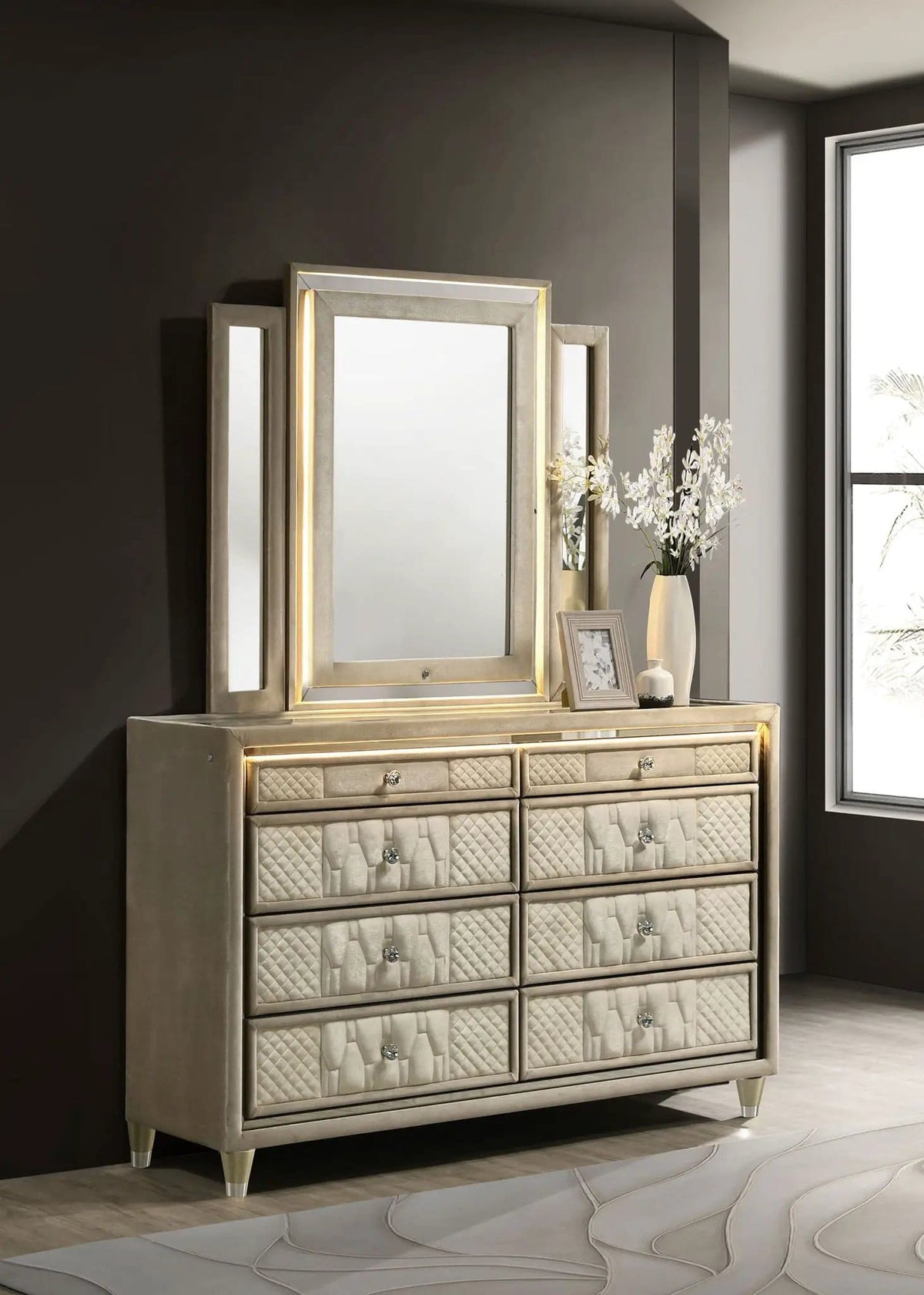 Lorient 8-drawer LED Dresser with Mirror Ivory and Camel | 60.5 x 16 x 77.75 in | Rubberwood & Velvet | Bedroom