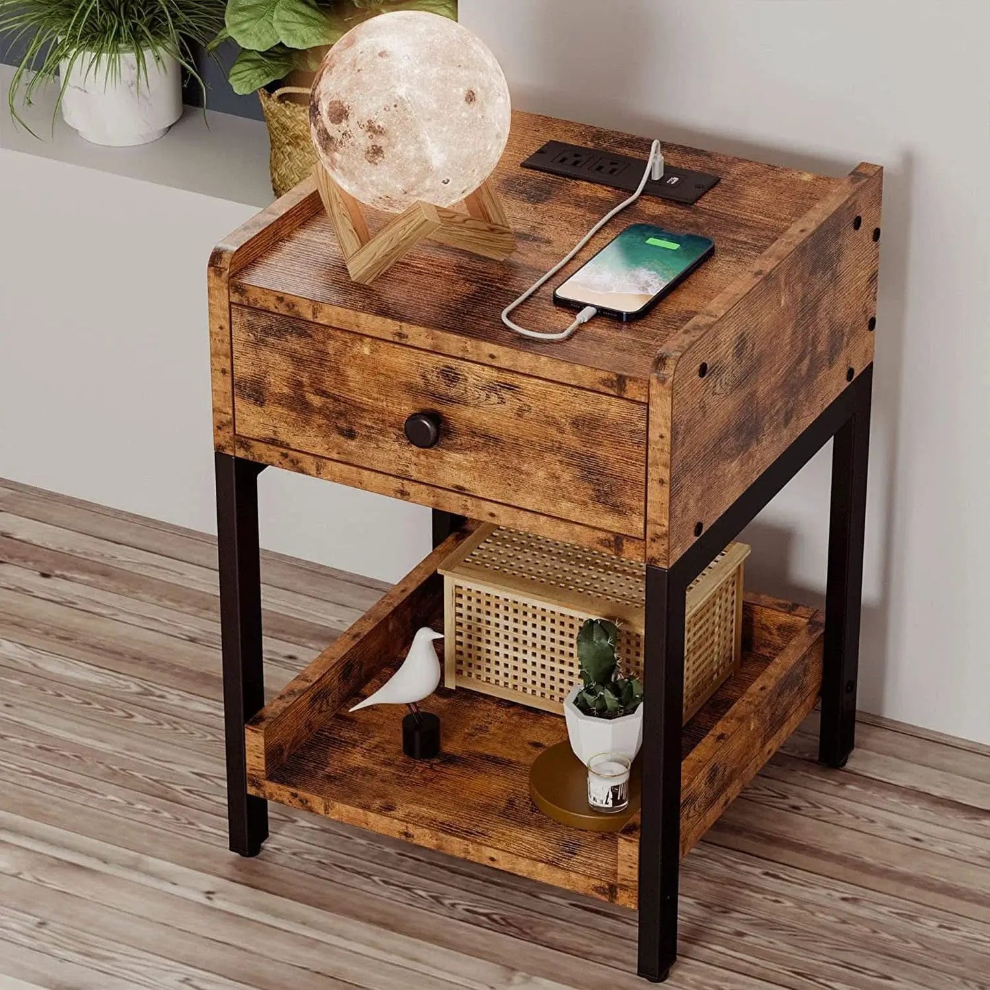 Bedside Table With Charging Station In Vintage Brown from PriceLows™