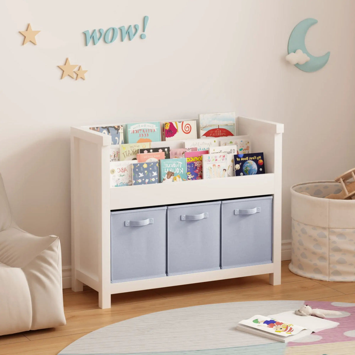 Kids Bookshelf | 3 Tier Front Facing | 3 Fabric Bins | White