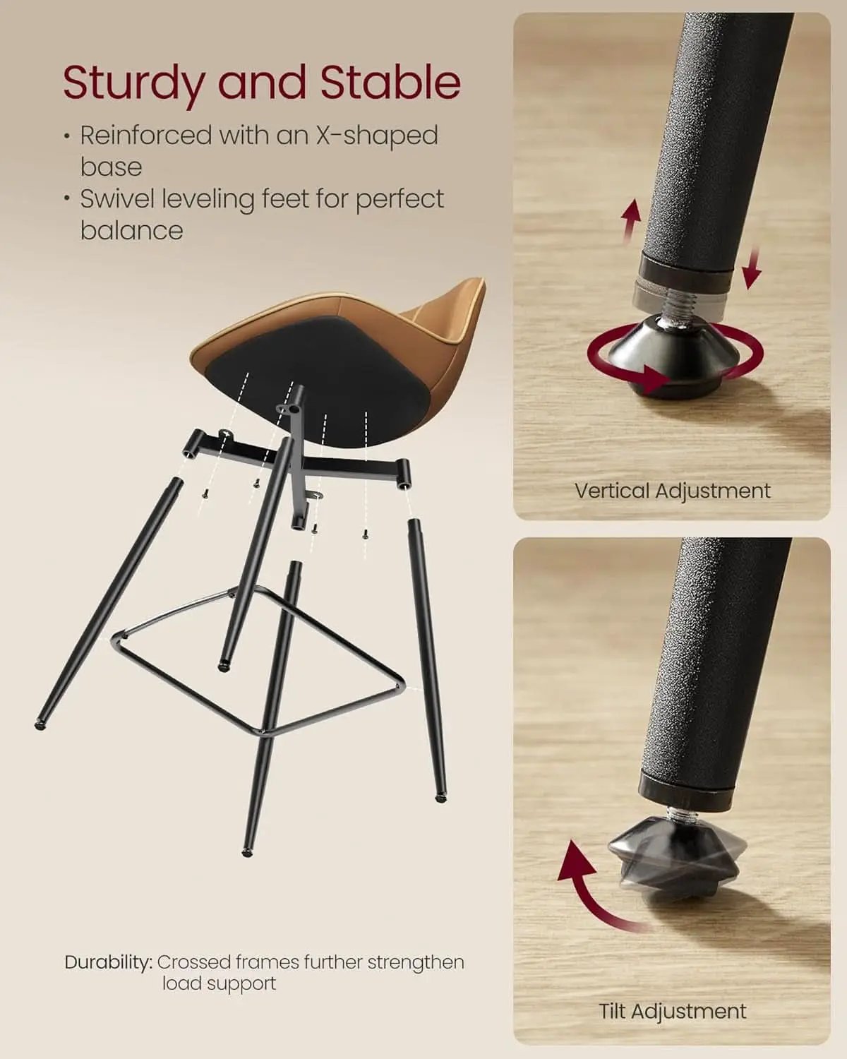 Bar Stool Set Of 2 Caramel Brown Ergonomic Backrest from PriceLows™