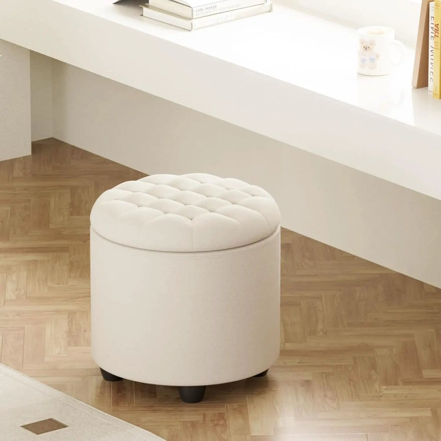 Beige Round Storage Ottoman Featuring Removable Lid from PriceLows™