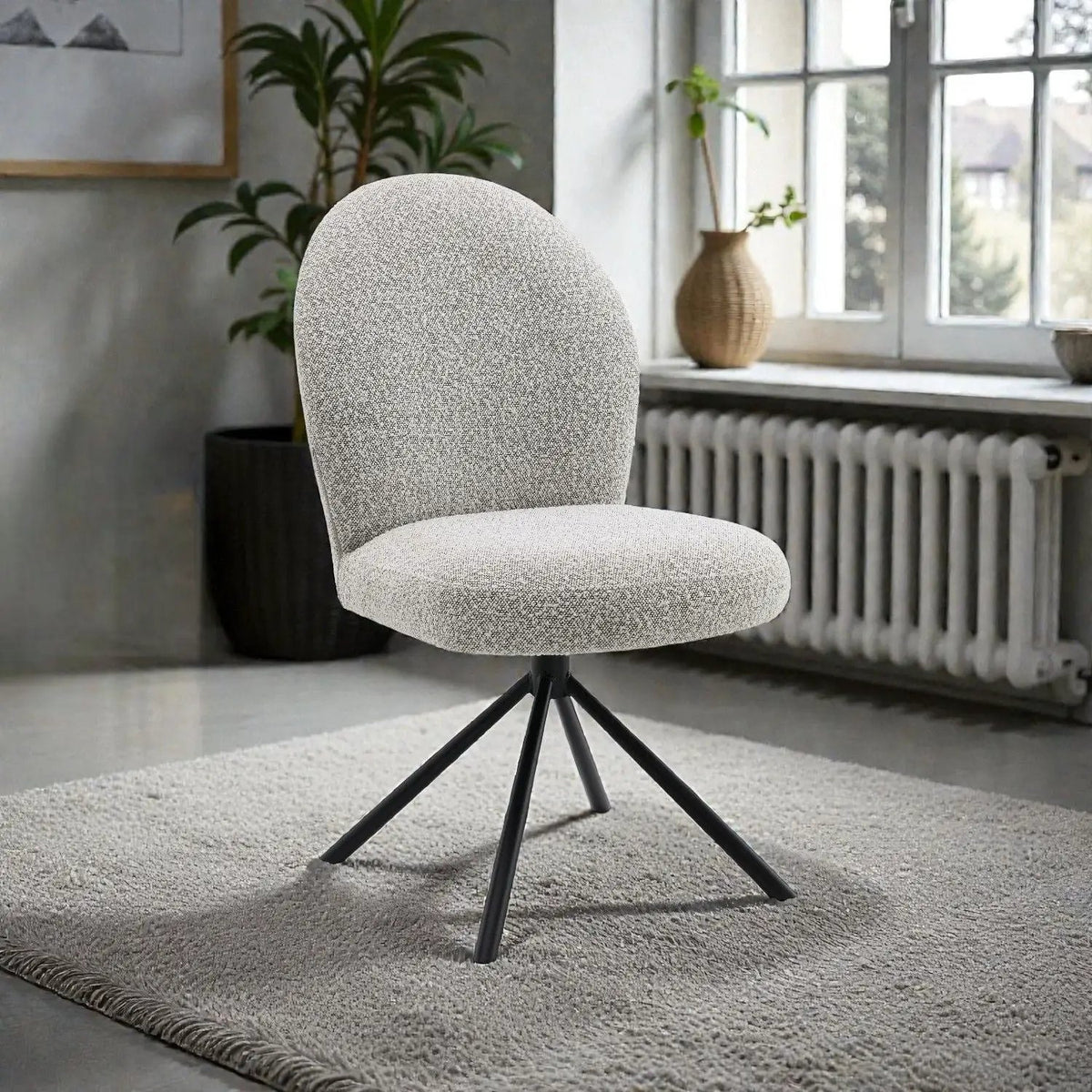 Swivel Side Chairs | Set Of 2 | Gray Boucle Upholstery | Black Metal Frame