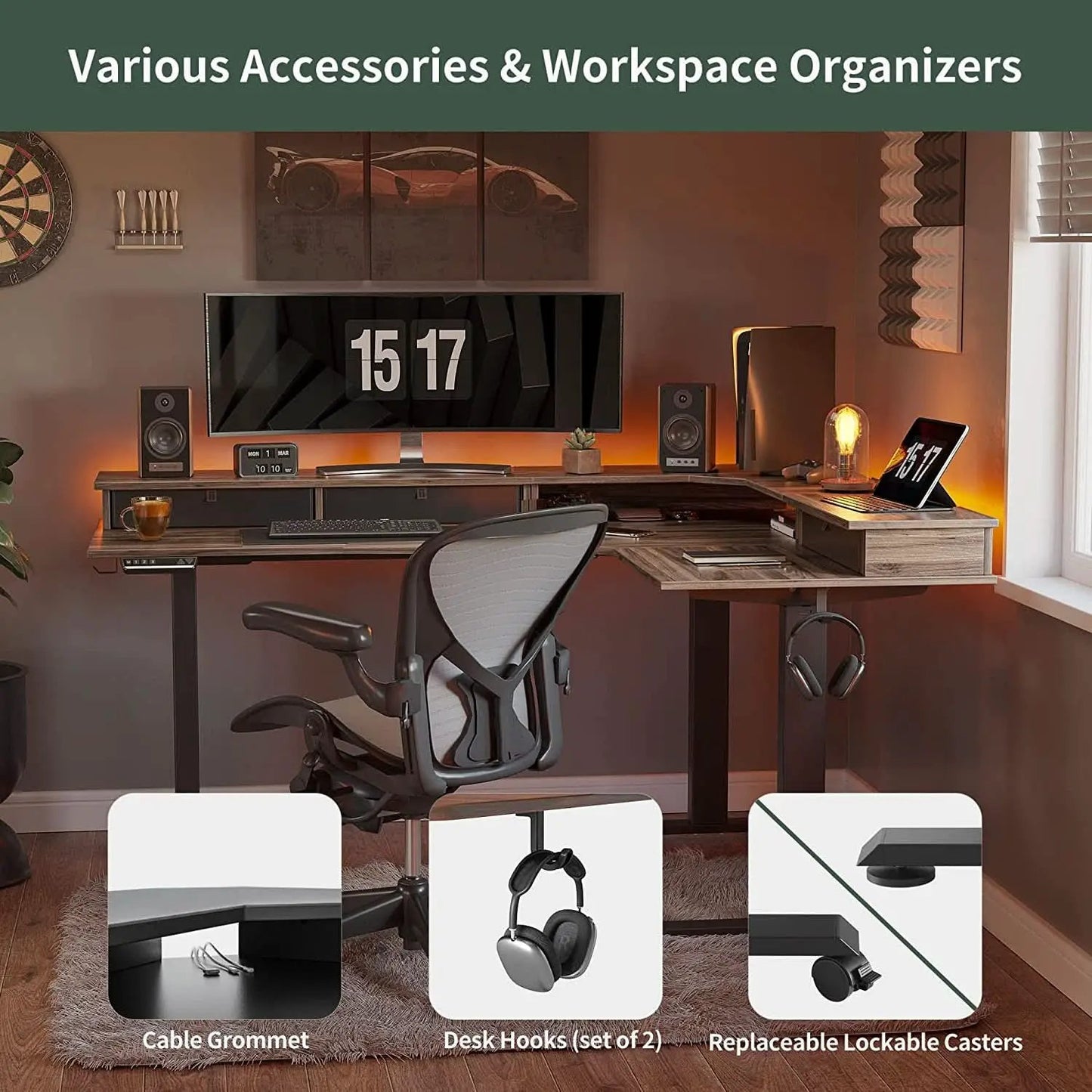 63 Inch L Shaped Electric Standing Desk With Drawers from PriceLows™