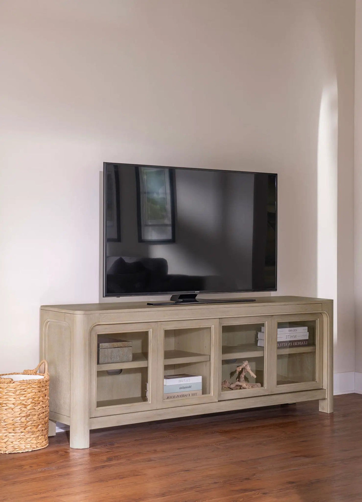Solano 71-inch 2-door TV Stand Media Console Weathered Mango | 71 x 16.75 x 26.75 in | Engineered Wood & Glass | Living Room