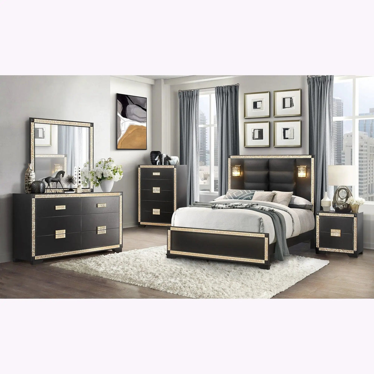 Panel Bed With Lamps | Glitter Detail | Low Profile | Durable Wood Construction