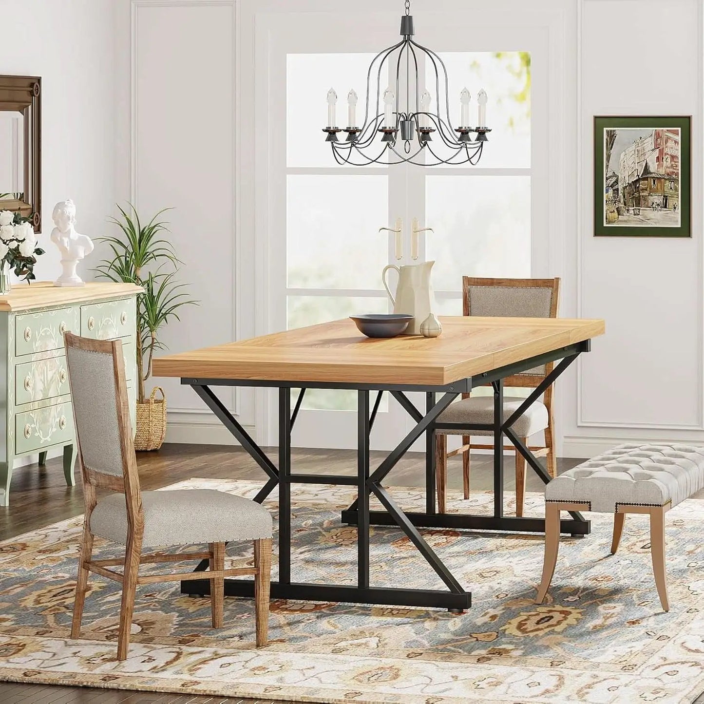 Farmhouse Dining Table 70.8 Inch Wood With Metal Legs from PriceLows™