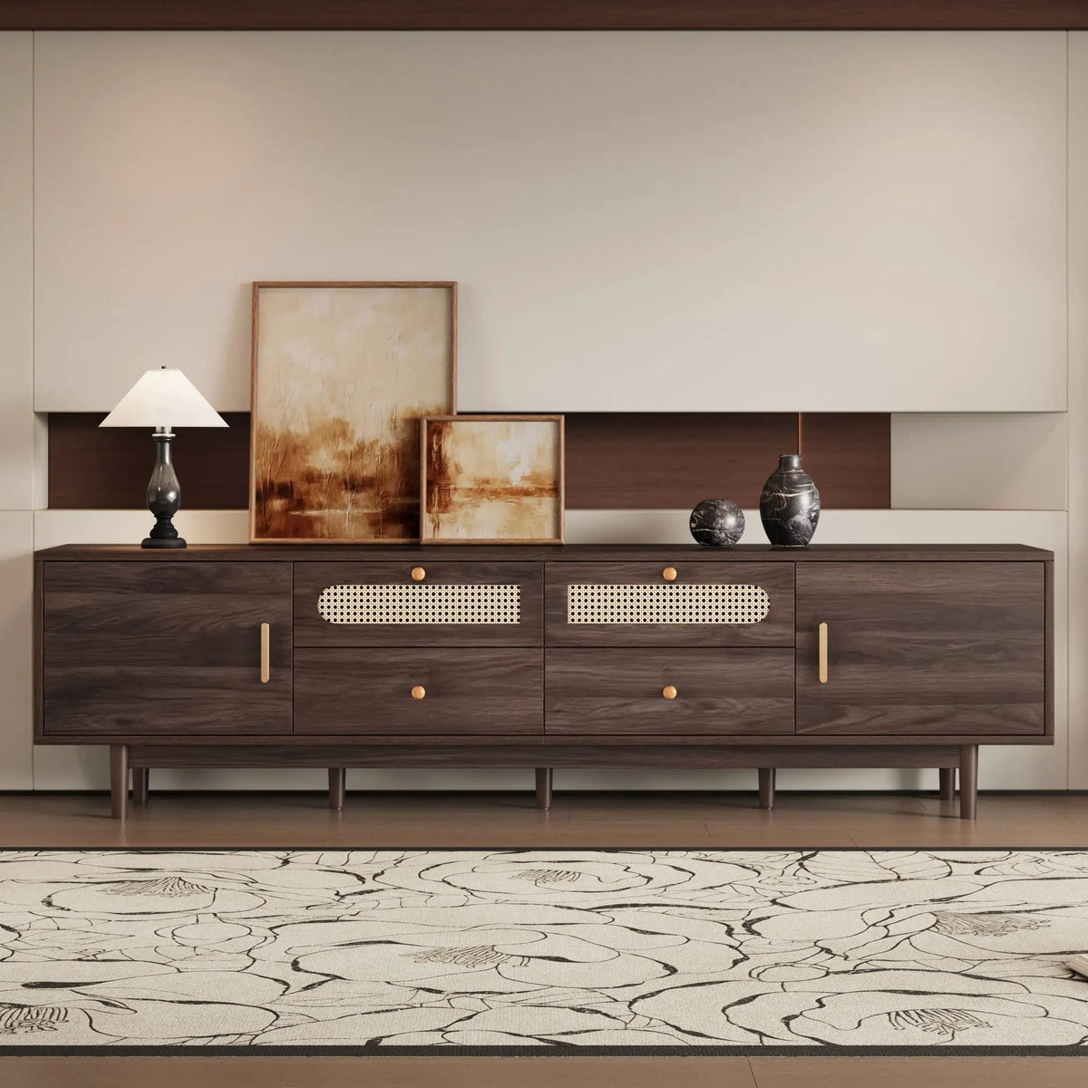 TV Stand With Drawers | Rattan Accents | Two Drop-Down Doors | Dark Brown Entertainment Center