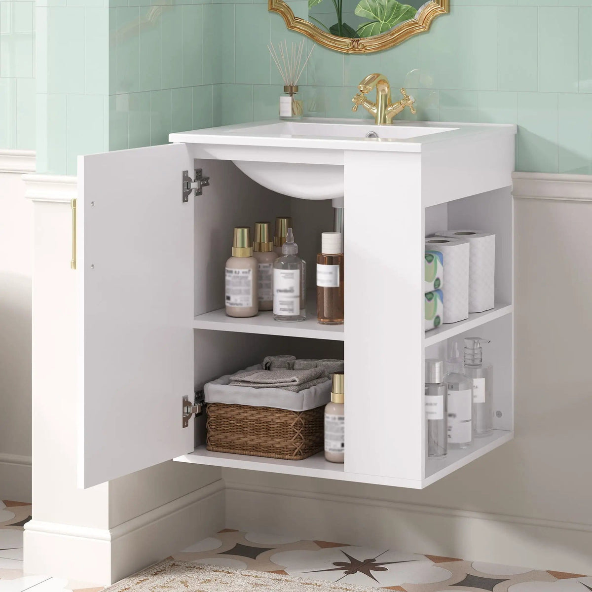 Wall Mounted Bathroom Cabinet With Side Shelf Combo, Vanity With Sink - | 20.3 x 18.5 x 24 in | Solid Wood & Ceramic | White