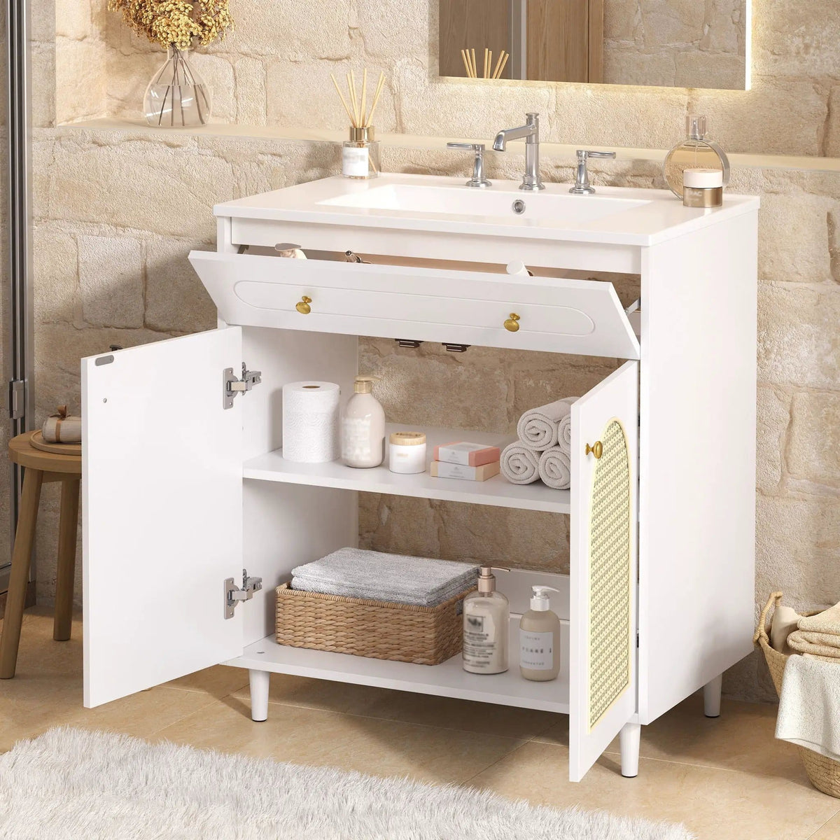 Modern Bathroom Vanity With Sink, Cabinet With Adjustable Shelf | 30 x 18.3 x 34 in | Solid Wood & Rattan | Bathroom