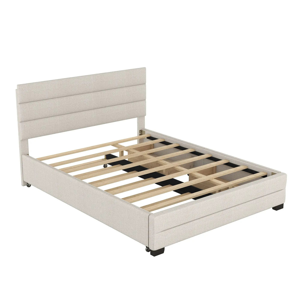 Queen Platform Bed | Twin Trundle | 2 Storage Drawers | Beige