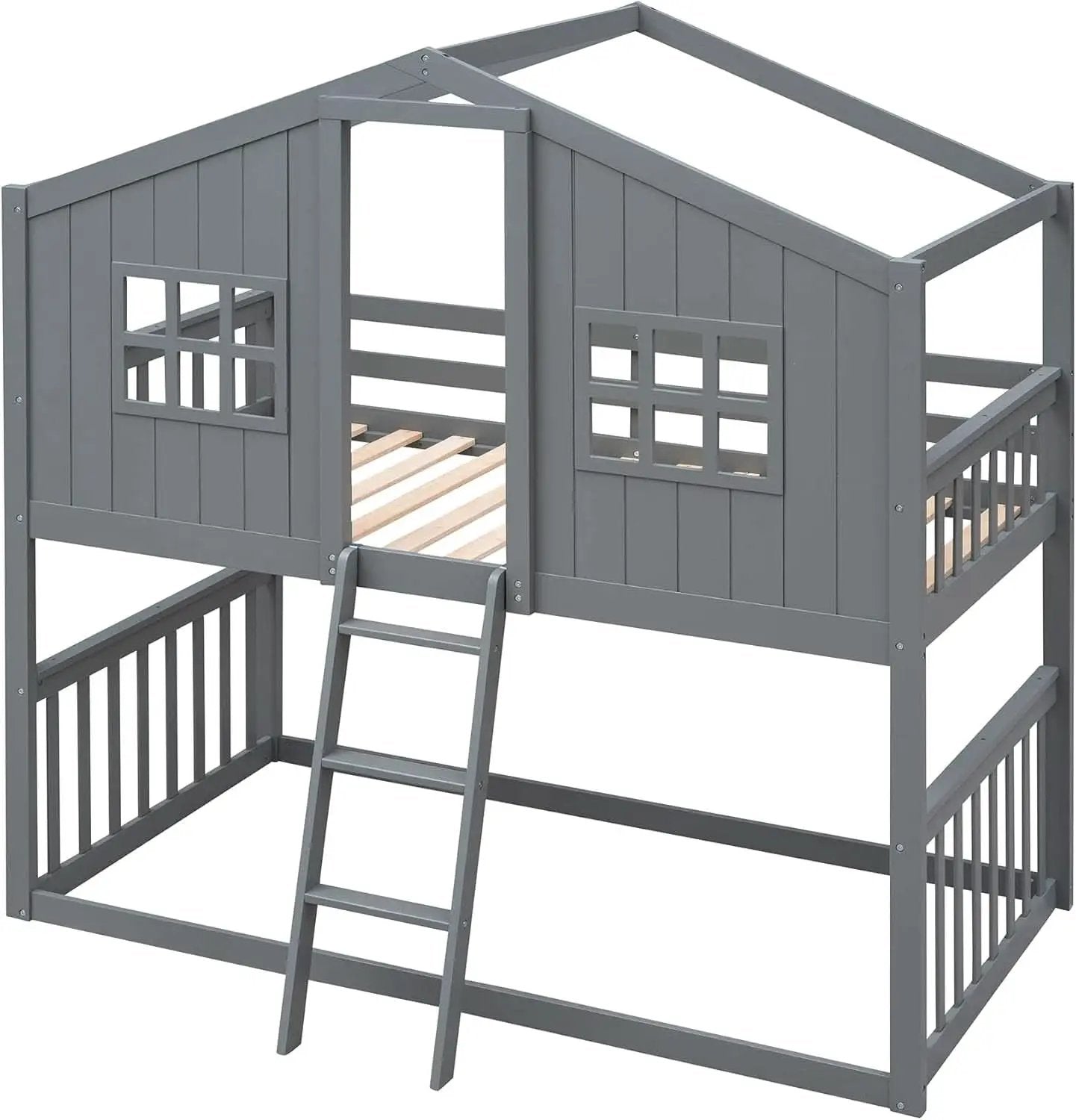Gray Twin Over Twin House Bunk Bed With Roof For Kids from PriceLows™