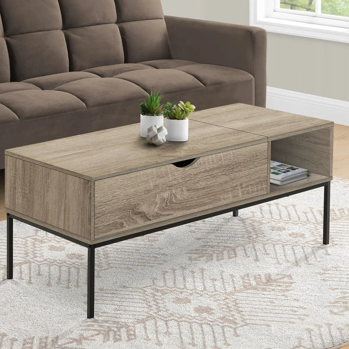 Rectangular Lift-Top Coffee Table | 42 Inch Width | Hinged Adjustable Top | Open Shelf