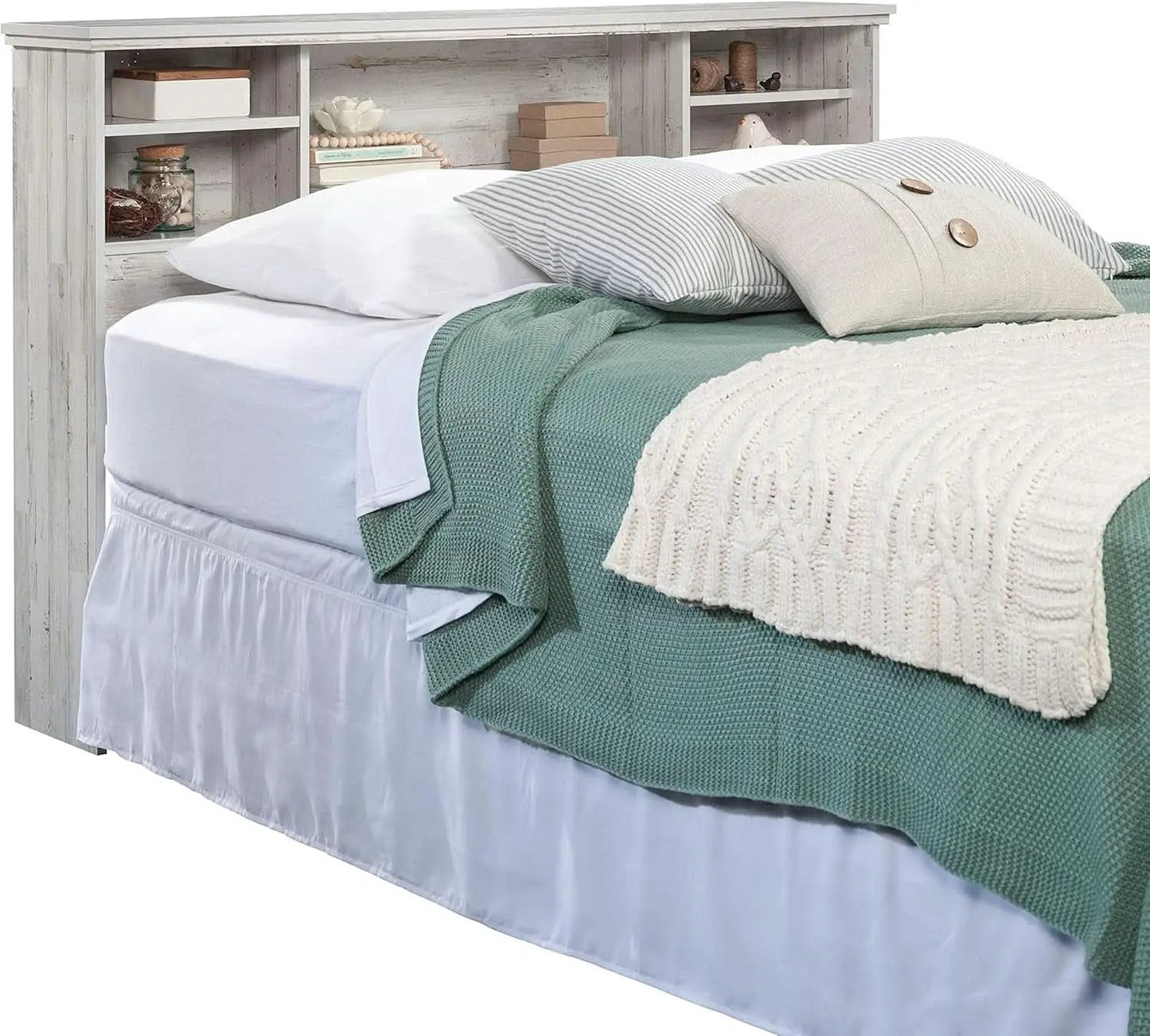 Versatile White Plank Headboard with Adjustable Storage Shelves from PriceLows™