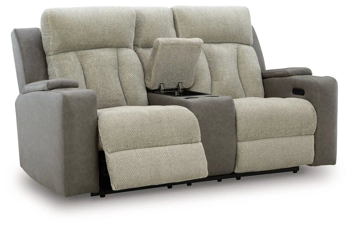 WhipLash Power Reclining Loveseat With Console / Adj Headrest | 76 x 39 x 43 in | Faux Leather & Polyester | Sisal