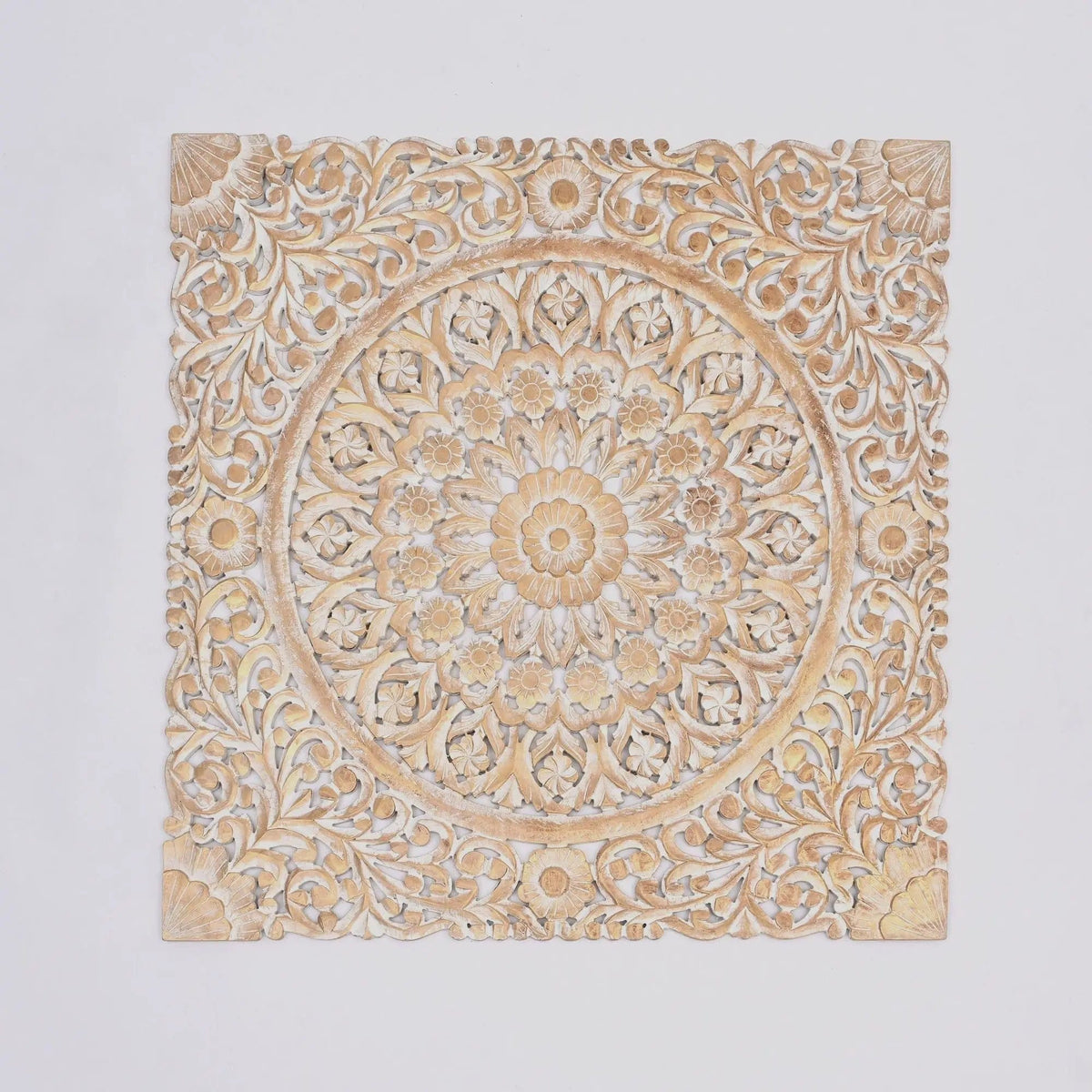 Floral Hand Carved Mandala Square Wall Decor With Spiritual Symbolism Gold / | 48 x 0.66 x 48 in | Wood | White