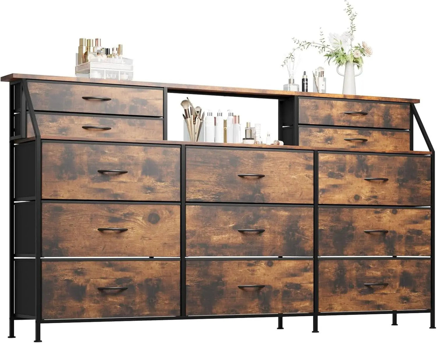 SeventyTwoInch Wide Dresser With Fabric Drawers RusticBrownWoodTop from PriceLows™