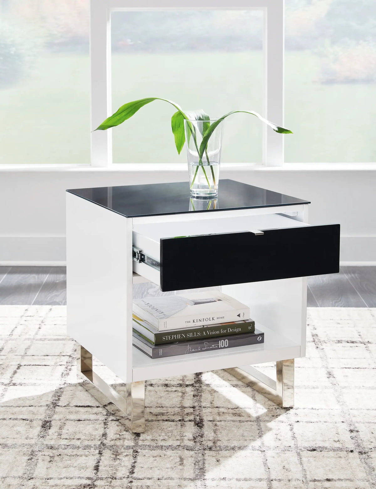 Gardoni Rectangular End Table | White And Black | MDF Construction | Drawer Storage