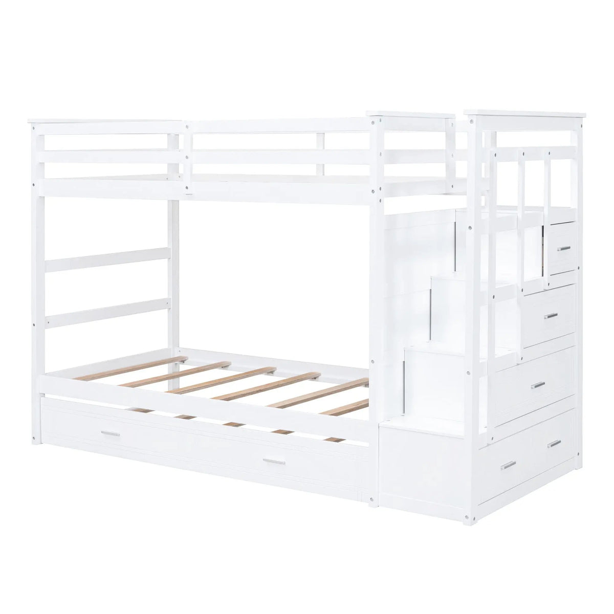 Twin Over Twin Bunk Bed | Trundle And Staircase | Multifunctional Storage Stairs | White