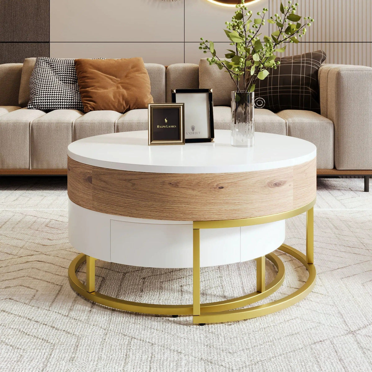 Modern Round Lift-Top Nesting Coffee Tables With 2 Drawers | 31.5 x 31.5 x 15.7 in | Metal | Living Room