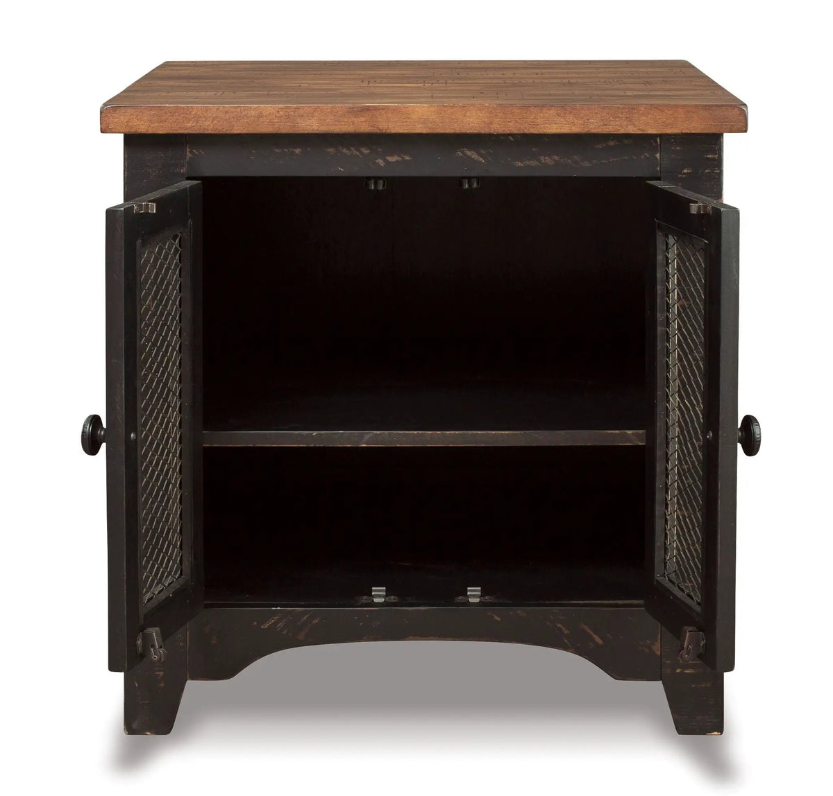 Valebeck Rectangular End Table | Black And Brown | Pine Veneers | Door With Adjustable Shelf