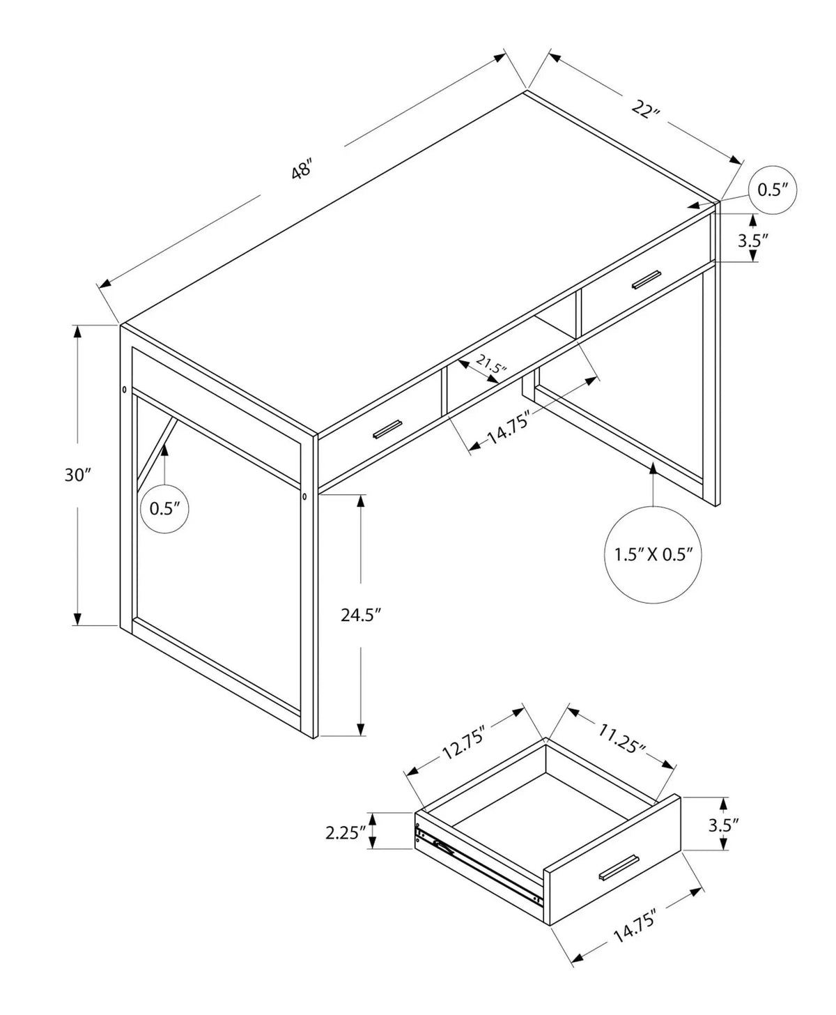 Computer Desk | Two Storage Drawers | Open Shelf | Square Metal Legs