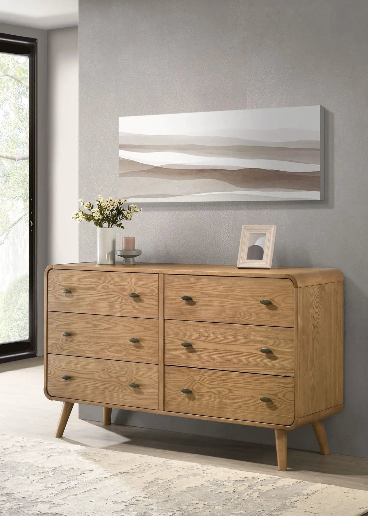 Robyn 6-drawer Bedroom Dresser Light Ash | 61 x 17 x 36.5 in | Rubberwood & Engineered Wood | Bedroom