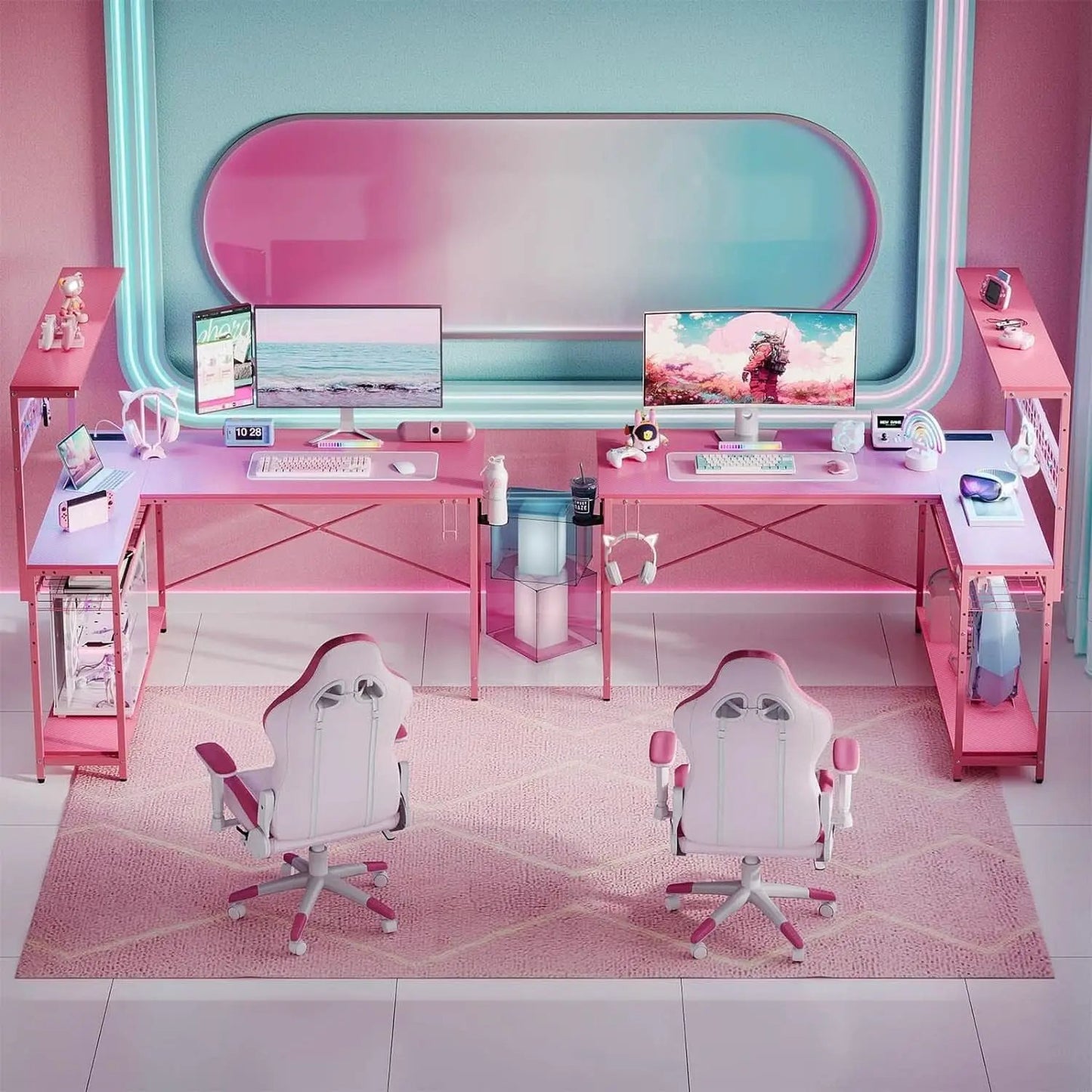 51 Inch L Shaped Gaming Desk Pink With Power Outlets And LED Lights from PriceLows™