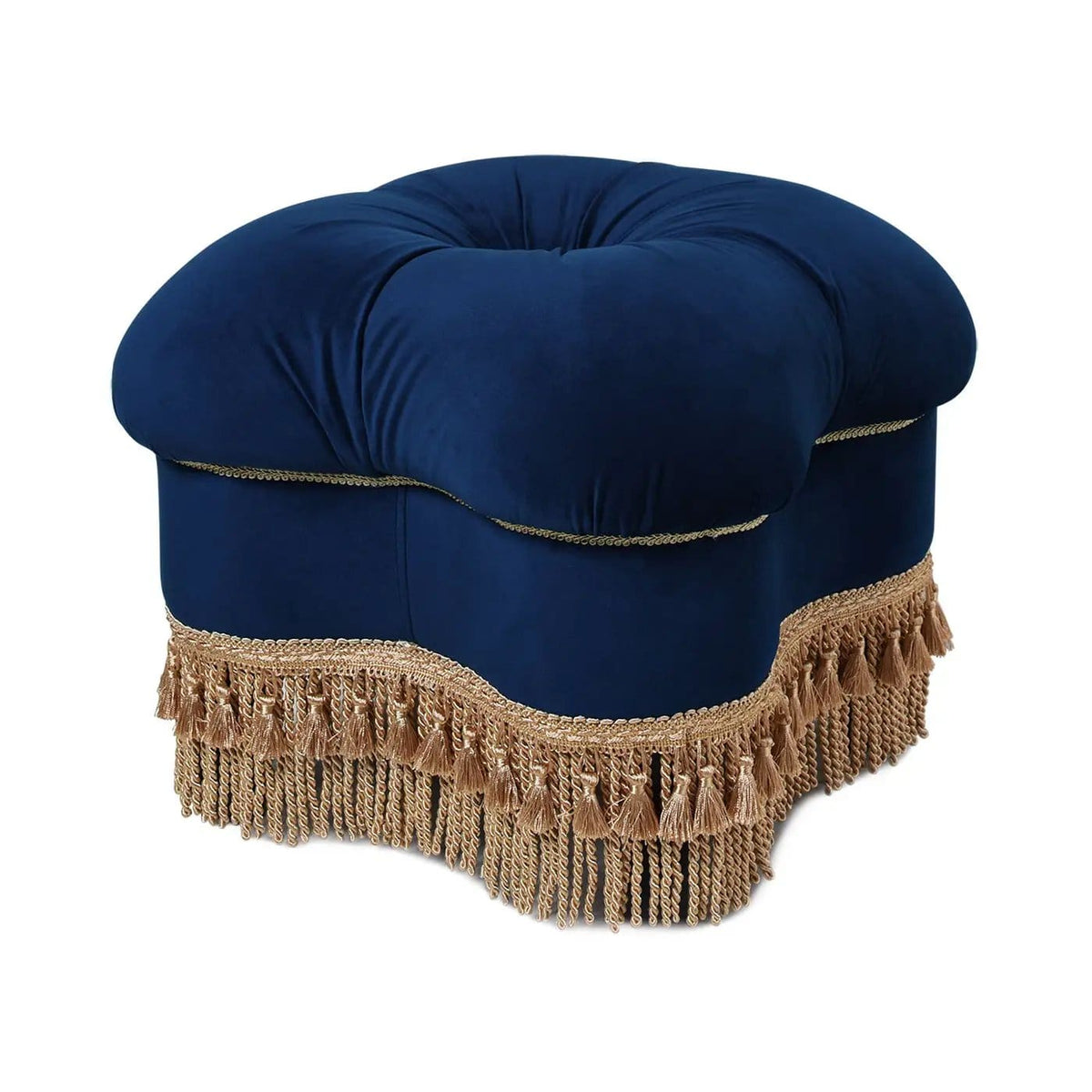 Ellen Upholstered Clover Ottoman With Gold Bullion Fringe | 20 x 20 x 17 in | Fabric & Plywood | Navy Blue