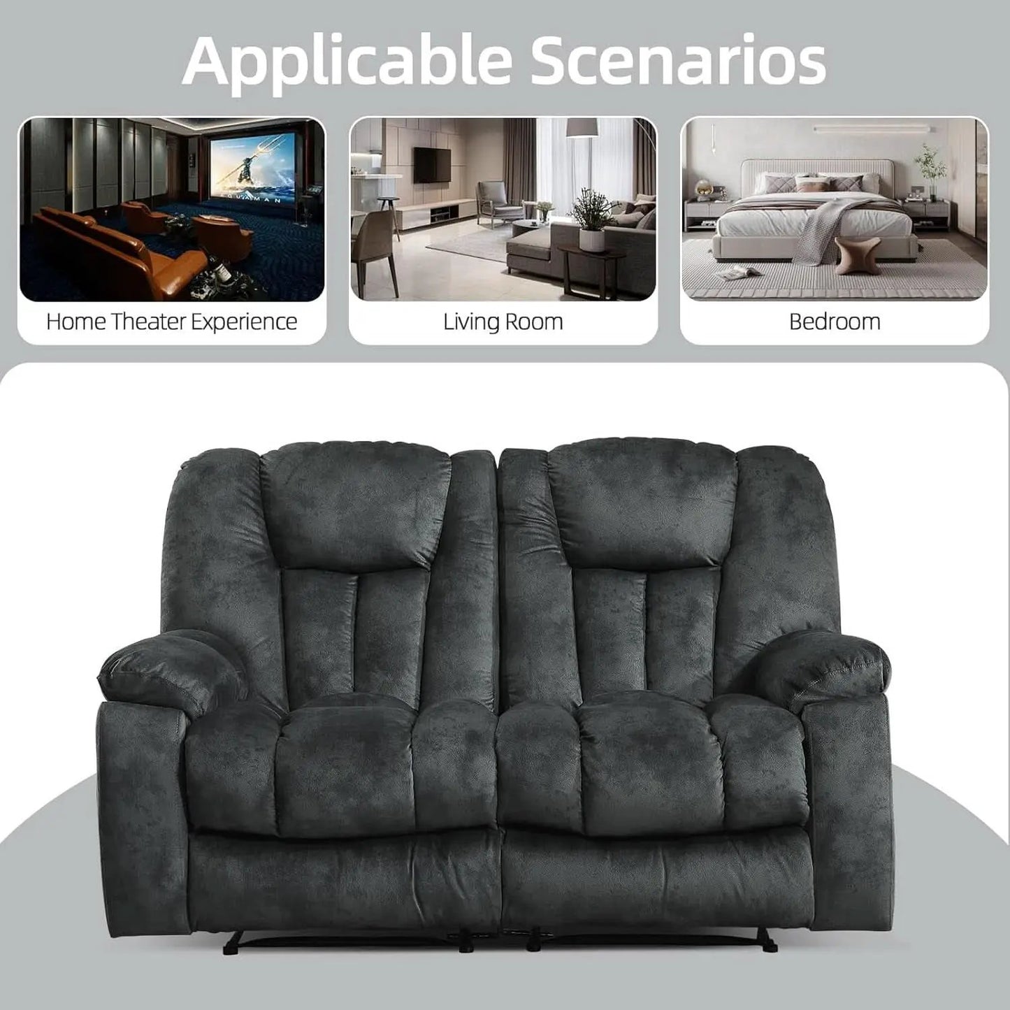 Grey Extra Wide Loveseat Recliner Sofa For Two Cup Holders from PriceLows™