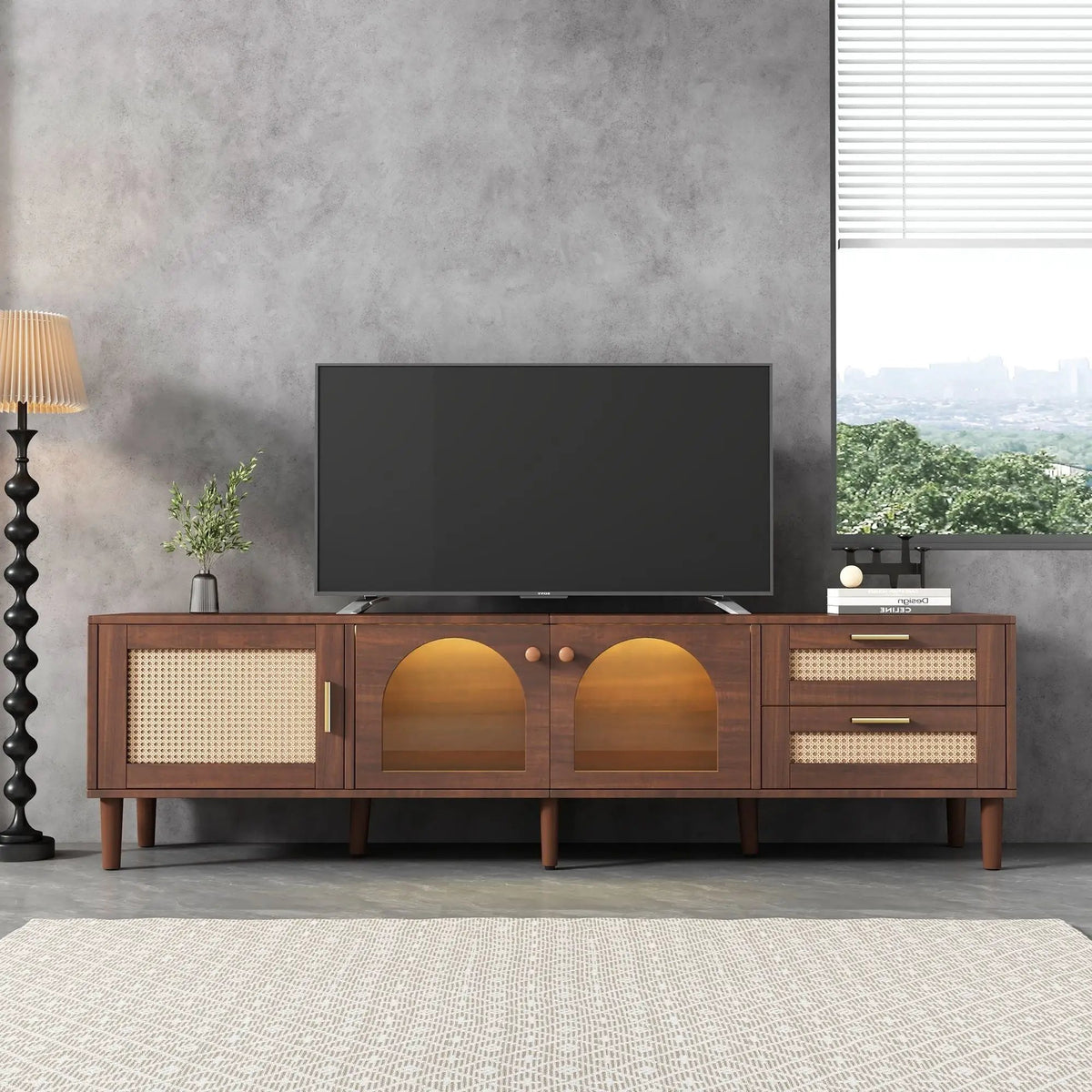 TV Stand | App Controlled LED Lights | Rattan Door Storage | Large TV