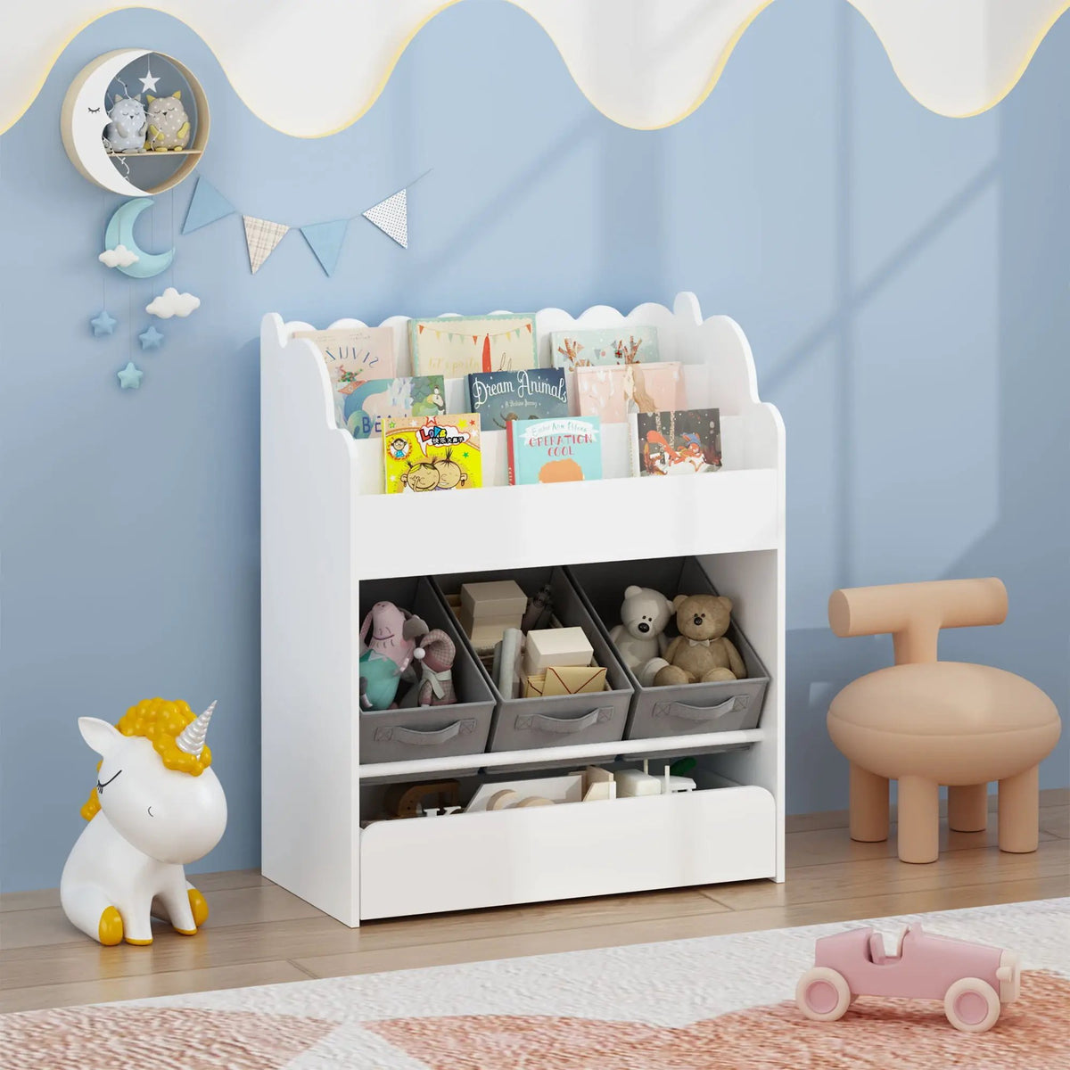 Toddler Bookshelf | 3 Fabric Bins | Bottom Drawer | White