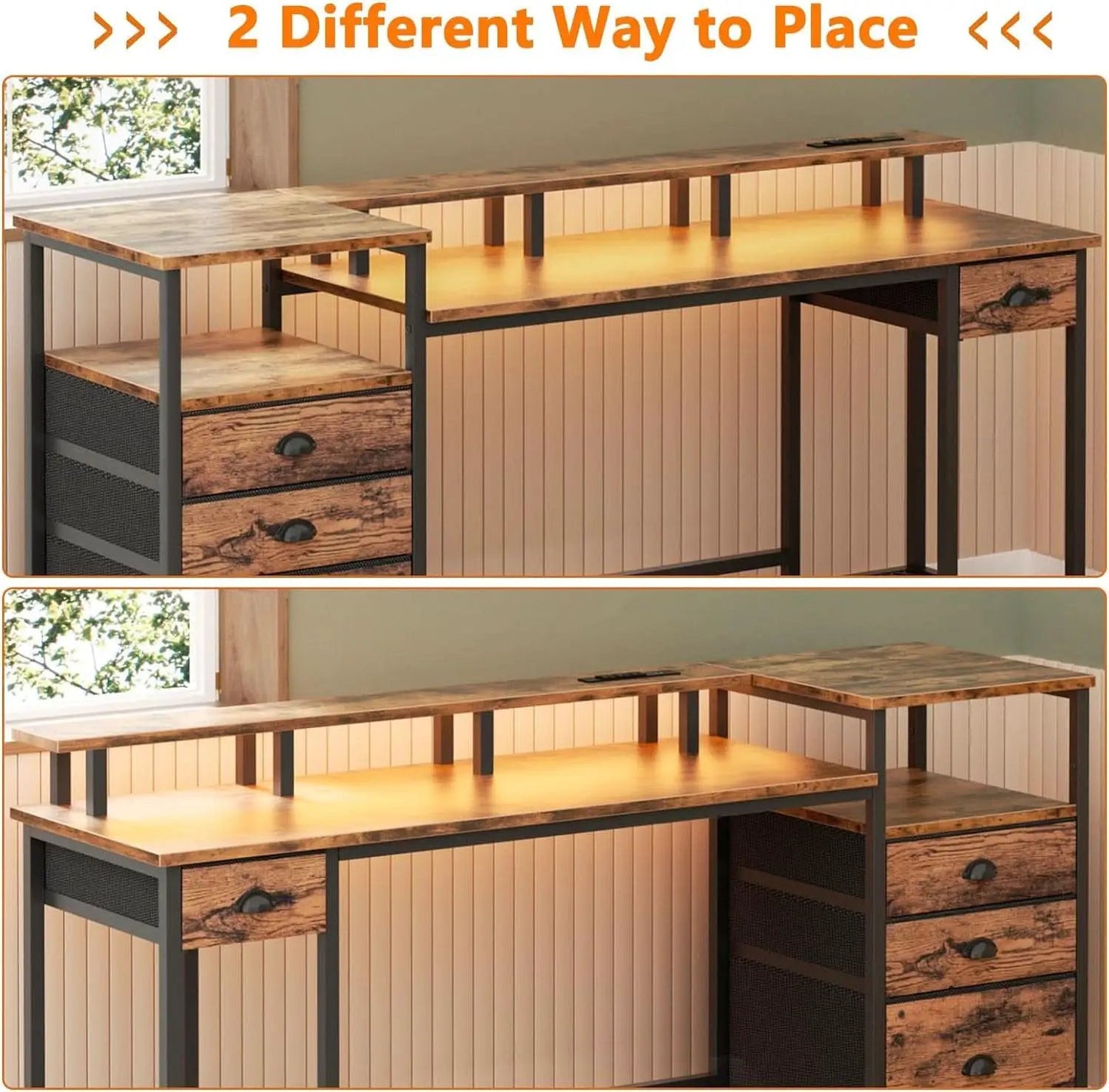 60 Inch Computer Desk With Storage Drawers And LED Lights from PriceLows™