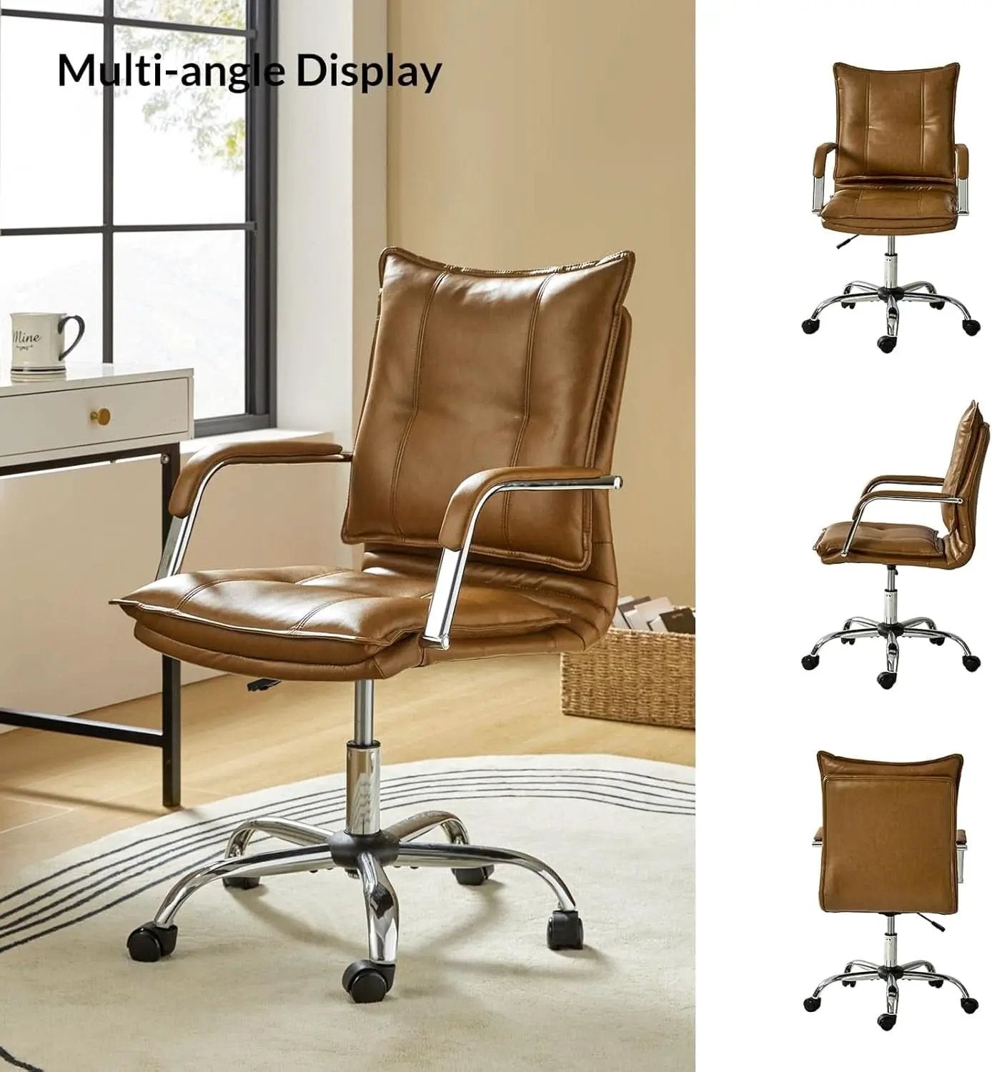 Faux Leather Adjustable Office Desk Chair Camel Armrests from PriceLows™