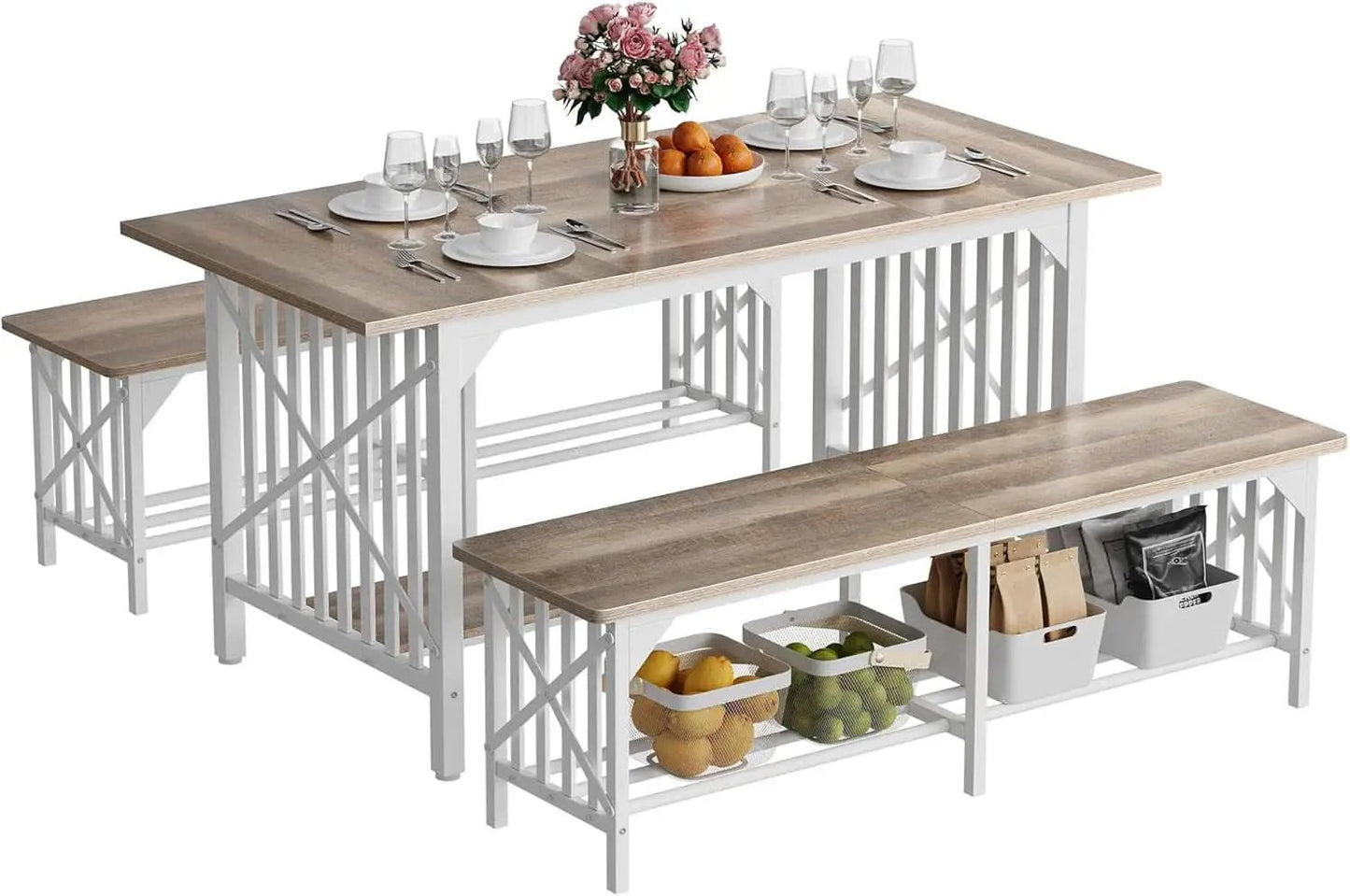 Sixty Three Inch Washed Grey Industrial Style Storage Dining Table from PriceLows™