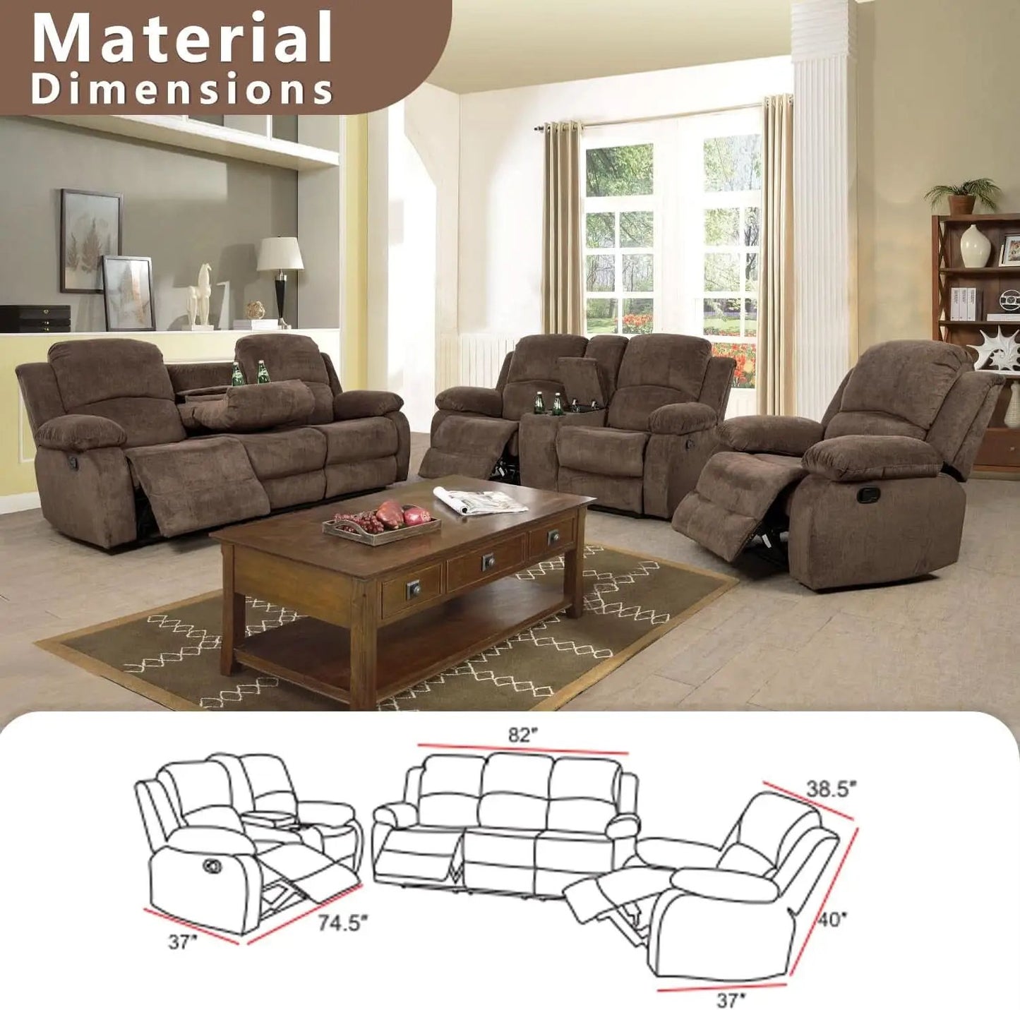 Manual Recliner Sofa Set In Brown Microfiber 3 Piece from PriceLows™