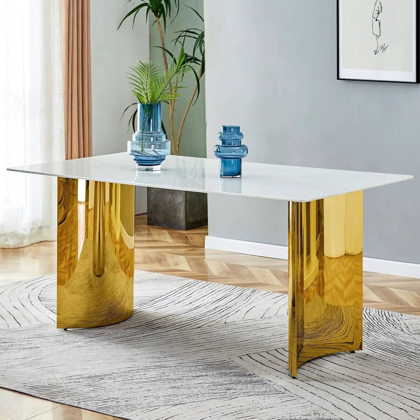White Marble Dining Table 71 Inch Glass Top Gold Base from PriceLows™