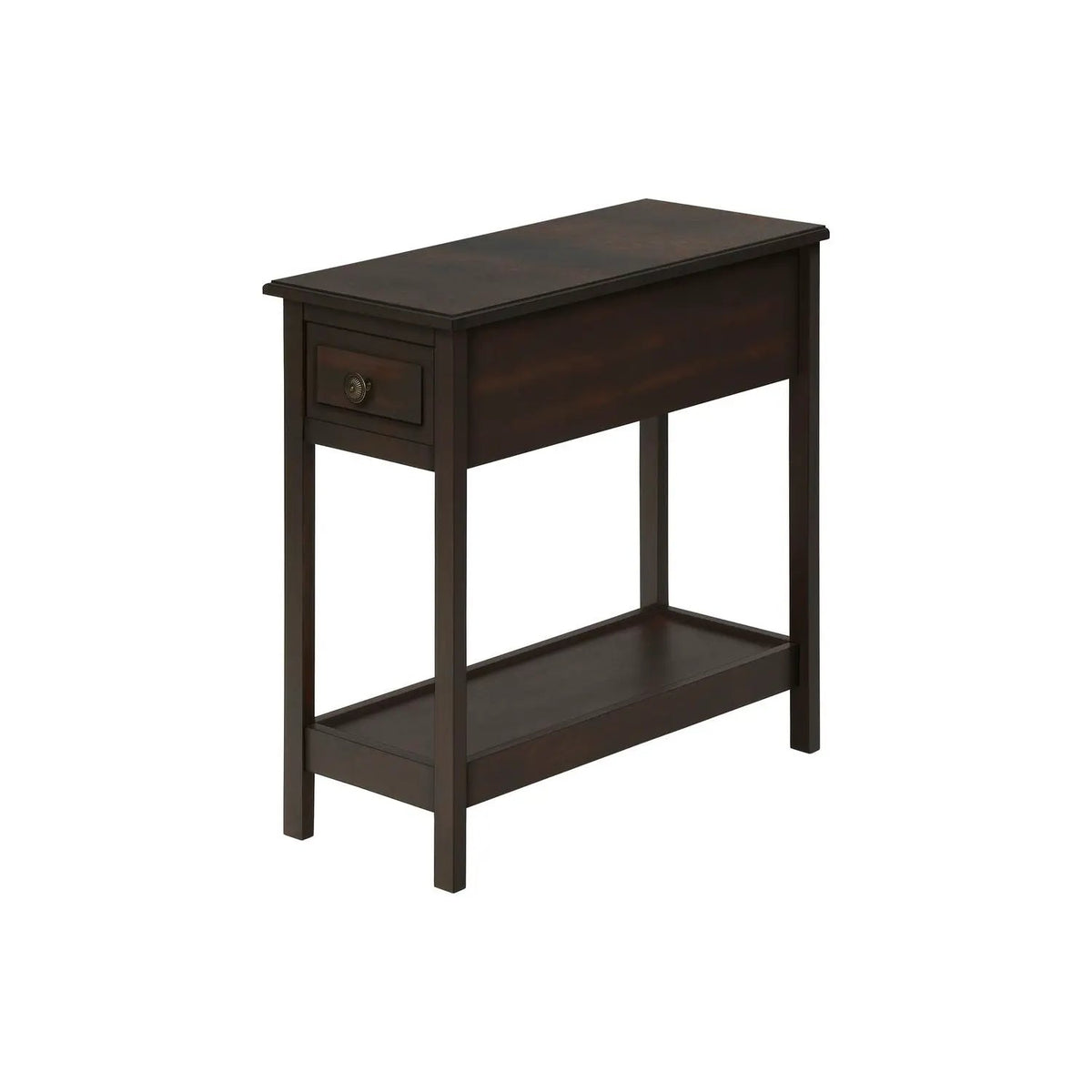 2-Tier Accent End Table | Walnut Veneer | Bronze Metal Knob | Storage Drawer