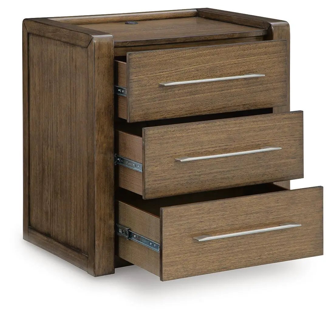 Marxmore Three Drawer Nightstand | Charging | Brown | Lined Top Drawer
