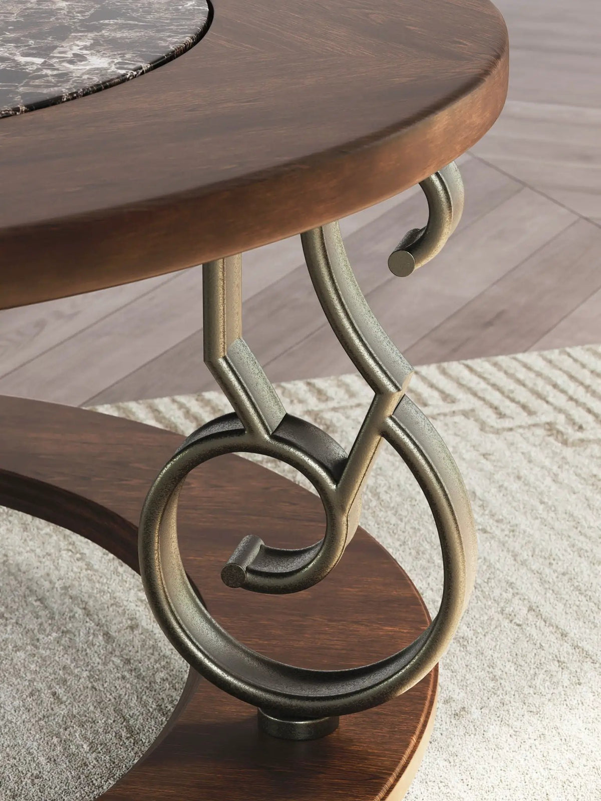 Frallyn Round Cocktail Table | Dark Brown | Faux Marble Laminate Top | 42 Inch Diameter