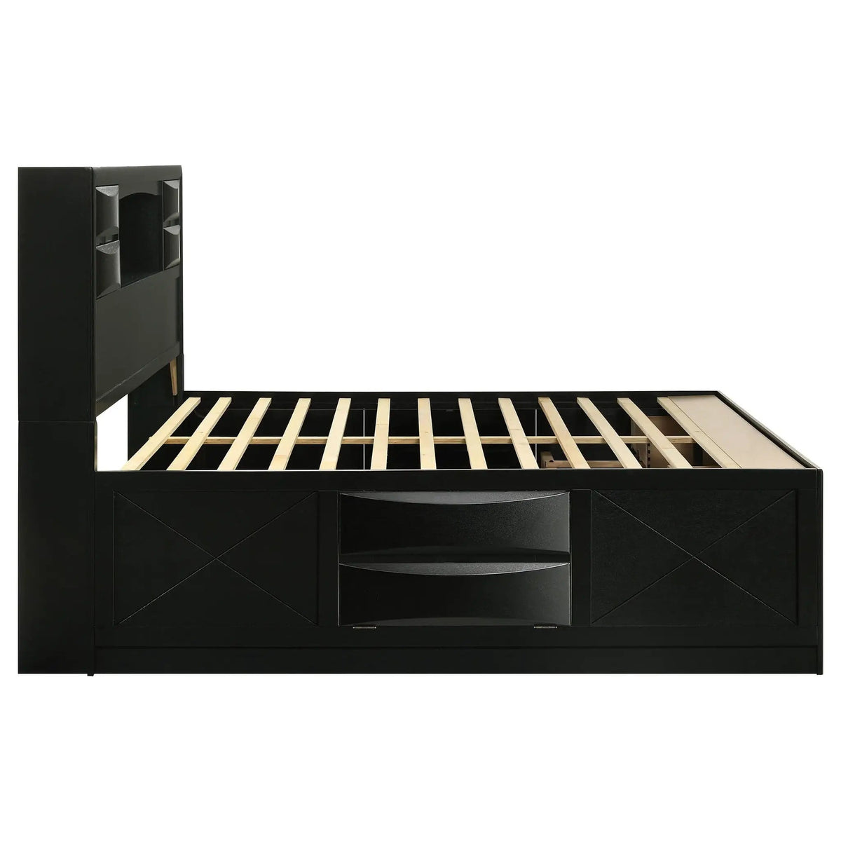 Briana Wood Eastern King Storage Bookcase Bed | 78.75 x 90.75 x 56 in | Rubberwood & Engineered Wood | Black