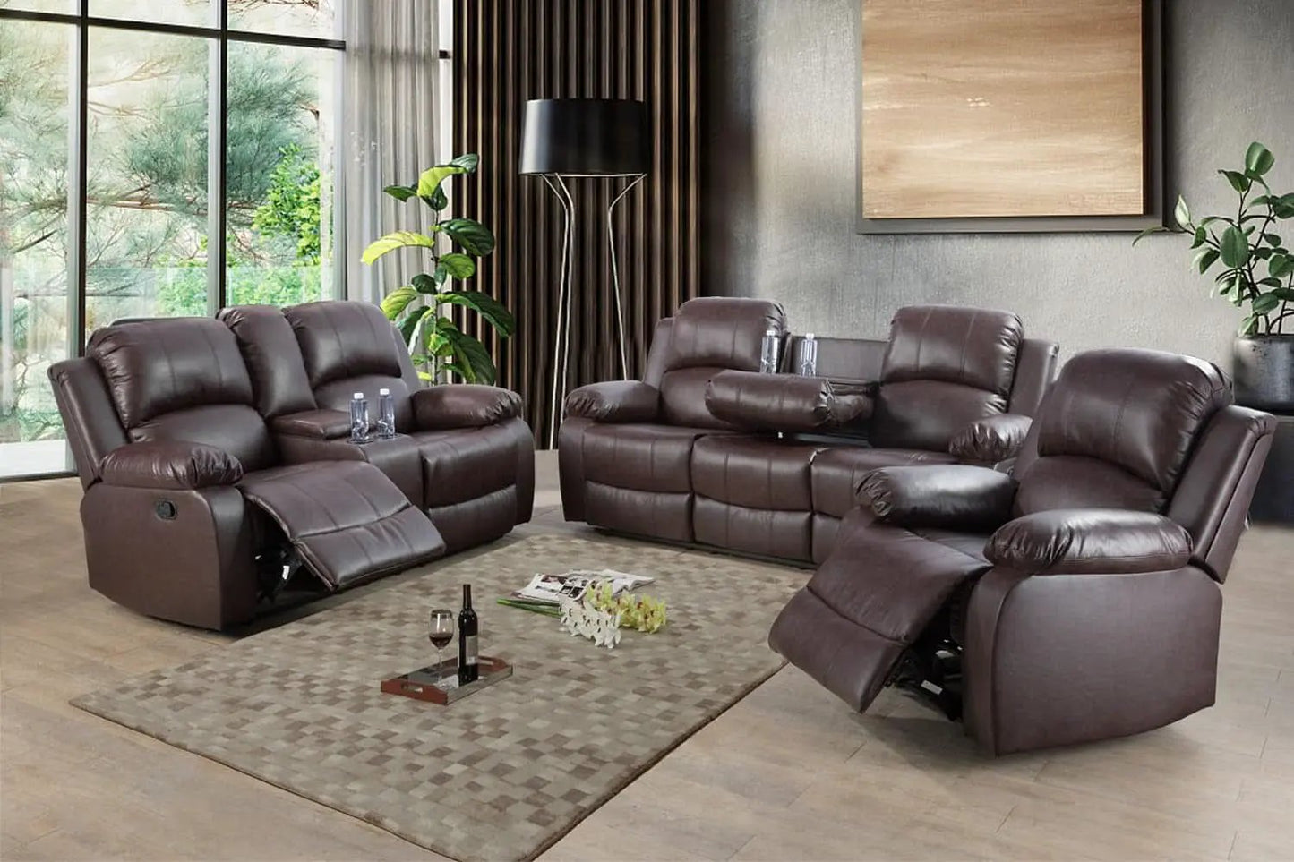Brown Faux Leather Reclining Living Room Set Sofa Loveseat Chair from PriceLows™