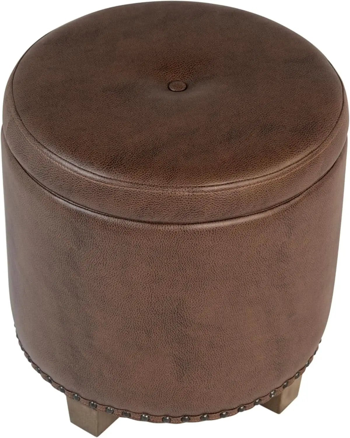 Round Storage Ottoman With Nailhead-Trim Brown Faux Leather from PriceLows™